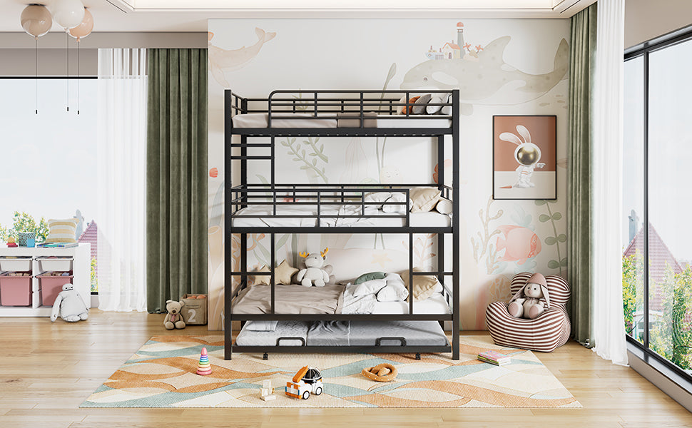 Metal Twin Size Triple Bunk Bed With Trundle, Black Antique Black Metal