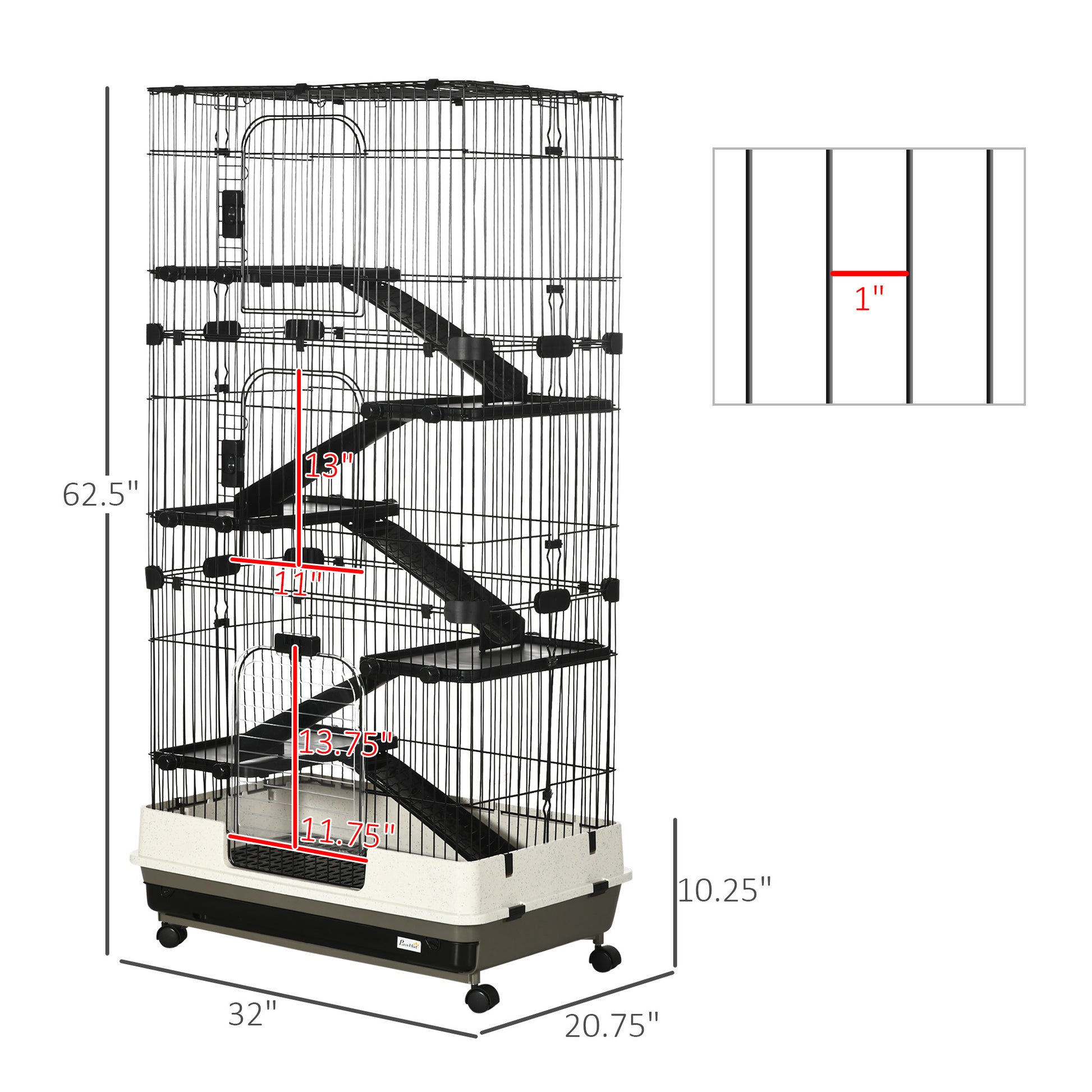 Pawhut 60" Small Animal Cage With Wheels, 6 Level Portable Bunny Cage, Chinchilla Ferret Cage With Removable Tray, Platforms And Ramps, Black Black Steel