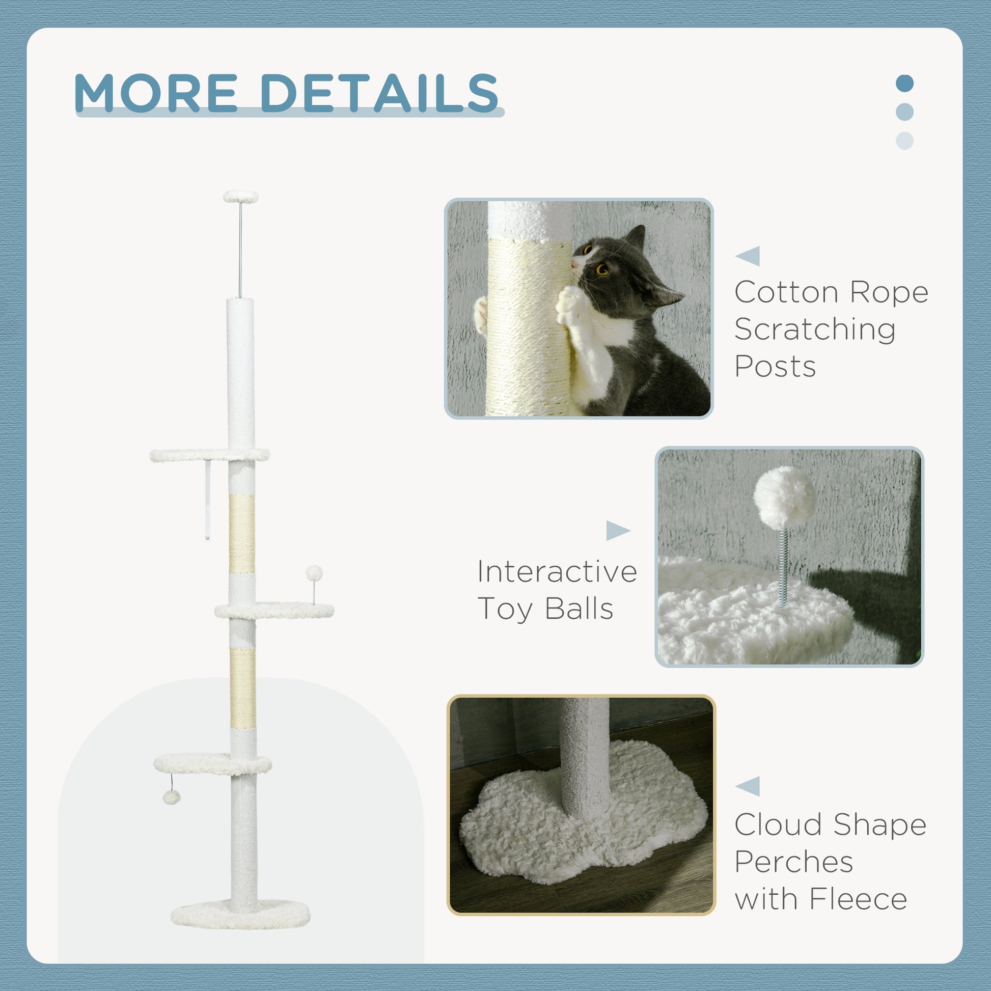 Pawhut Floor To Ceiling Cat Tree With Scratching Posts, 88.5" 100.5" Adjustable Height, Cat Climbing Tower With Cloud Shape Platforms, Toy Balls, Anti Toppling Device, White White Particle Board