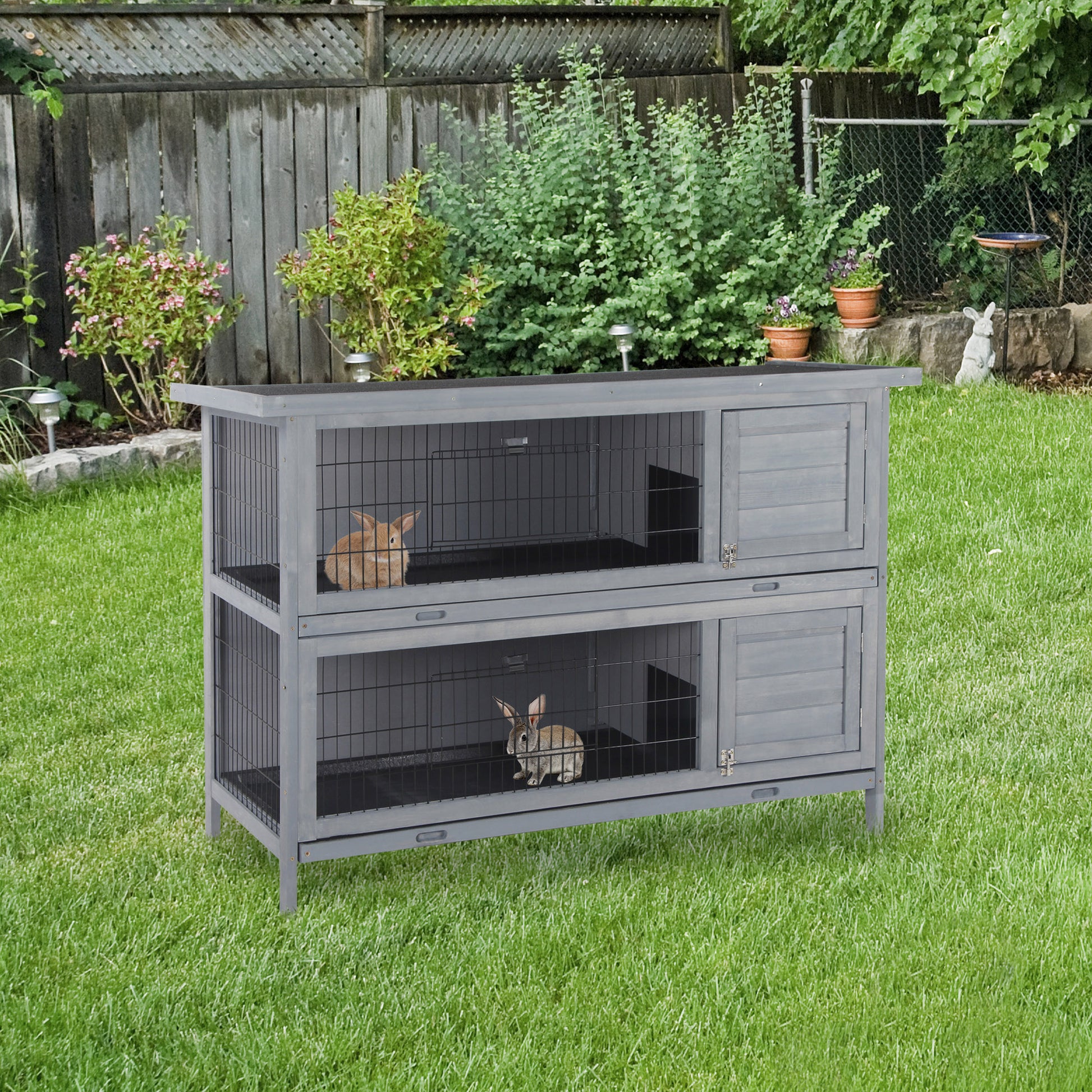 Pawhut 54" 2 Story Large Rabbit Hutch Bunny Cage Wooden Pet House Small Animal Habitat With Lockable Doors, No Leak Tray And Waterproof Roof For Outdoor Indoor Grey Gray Wood