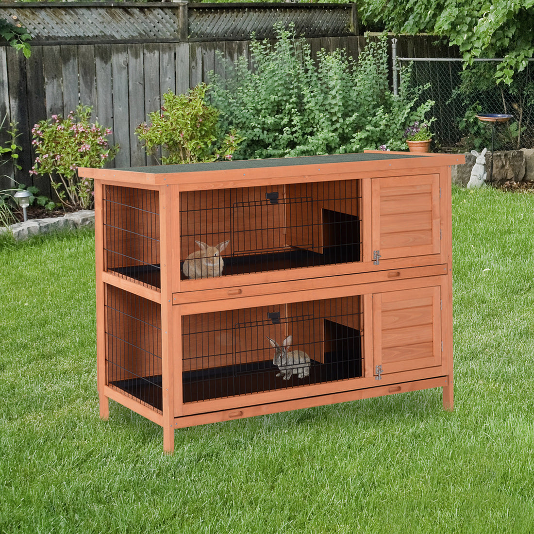 Pawhut 54" 2 Story Large Rabbit Hutch Bunny Cage Wooden Pet House Small Animal Habitat With Lockable Doors, No Leak Tray And Waterproof Roof For Outdoor Indoor Orange Orange Wood