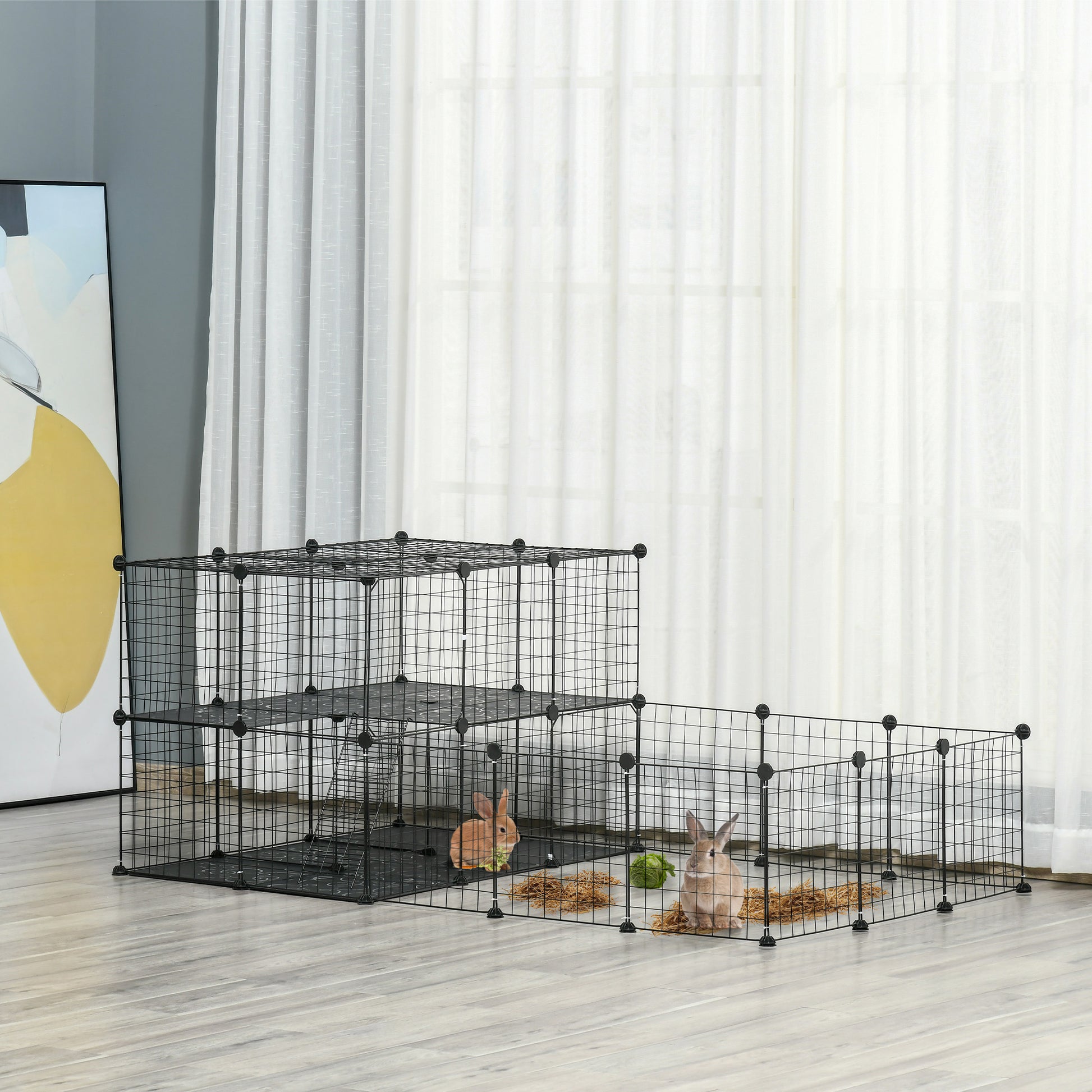 Pawhut 47 Panels Pet Playpen, Small Animal Playpen With Doors, Portable Metal Wire Yard Bunny Pen For Guinea Pigs, Chinchillas, 14" X 14" Black Steel