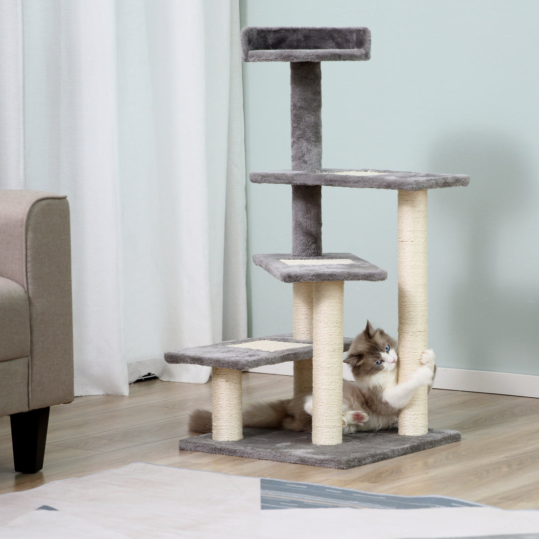 Pawhut 40" 5 Level Revolving Stair Cat Tree Scratcher Climbing Activity Tower With Play Center And Resting Perch, Grey Gray Particle Board