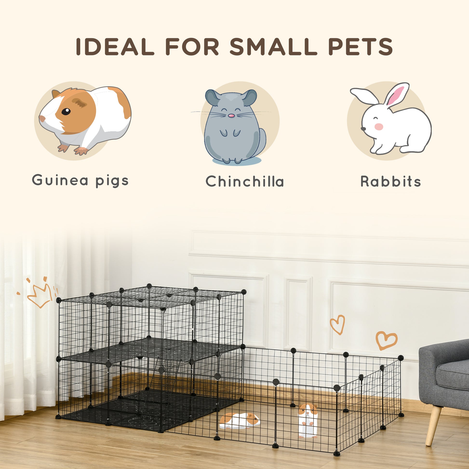 Pawhut 47 Panels Pet Playpen, Small Animal Playpen With Doors, Portable Metal Wire Yard Bunny Pen For Guinea Pigs, Chinchillas, 14" X 14" Black Steel