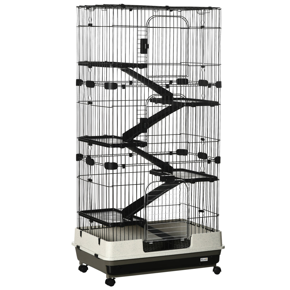 Pawhut 60" Small Animal Cage With Wheels, 6 Level Portable Bunny Cage, Chinchilla Ferret Cage With Removable Tray, Platforms And Ramps, Black Black Steel