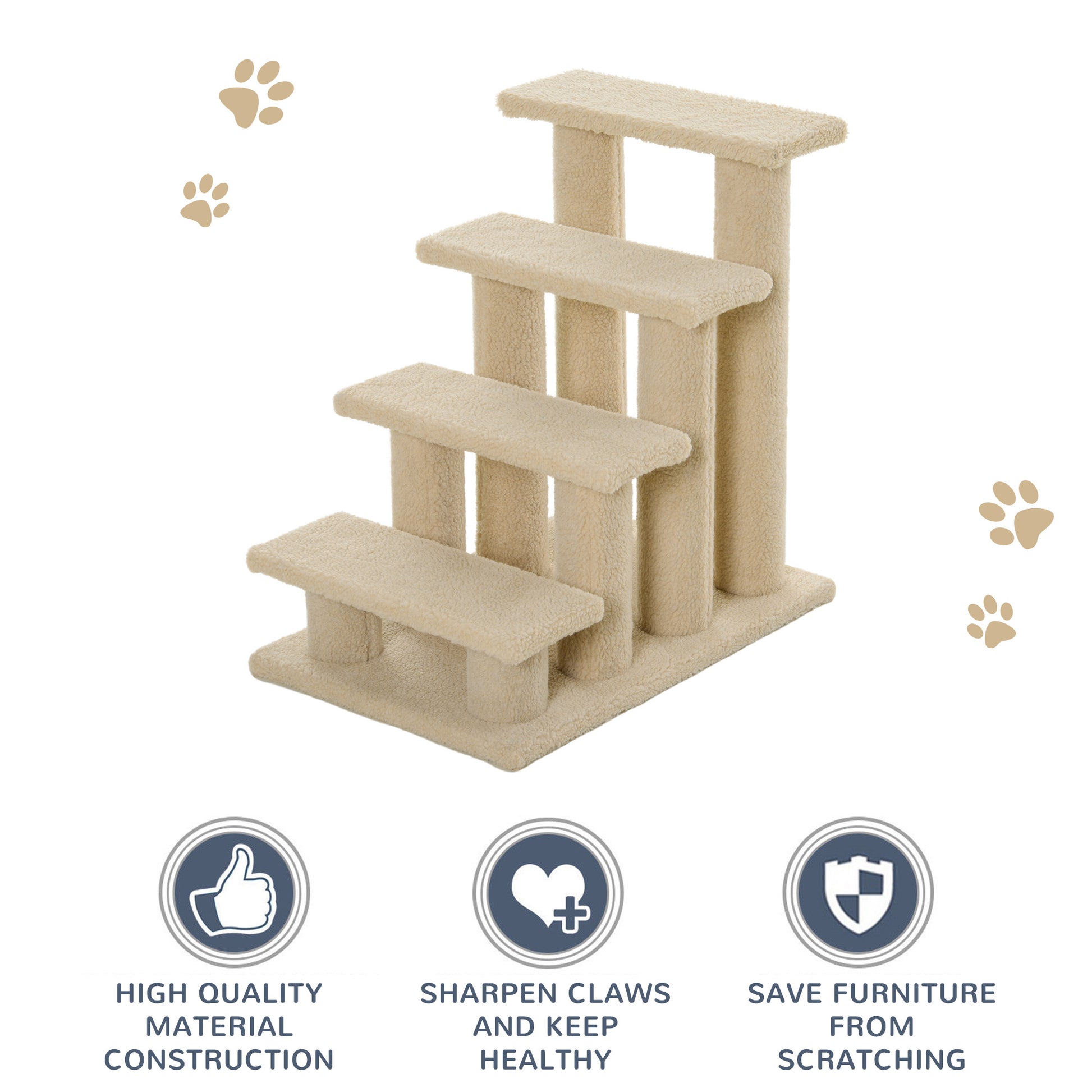 Pawhut 25" 4 Step Multi Level Carpeted Cat Scratching Post Pet Stairs, Beige Brown Particle Board