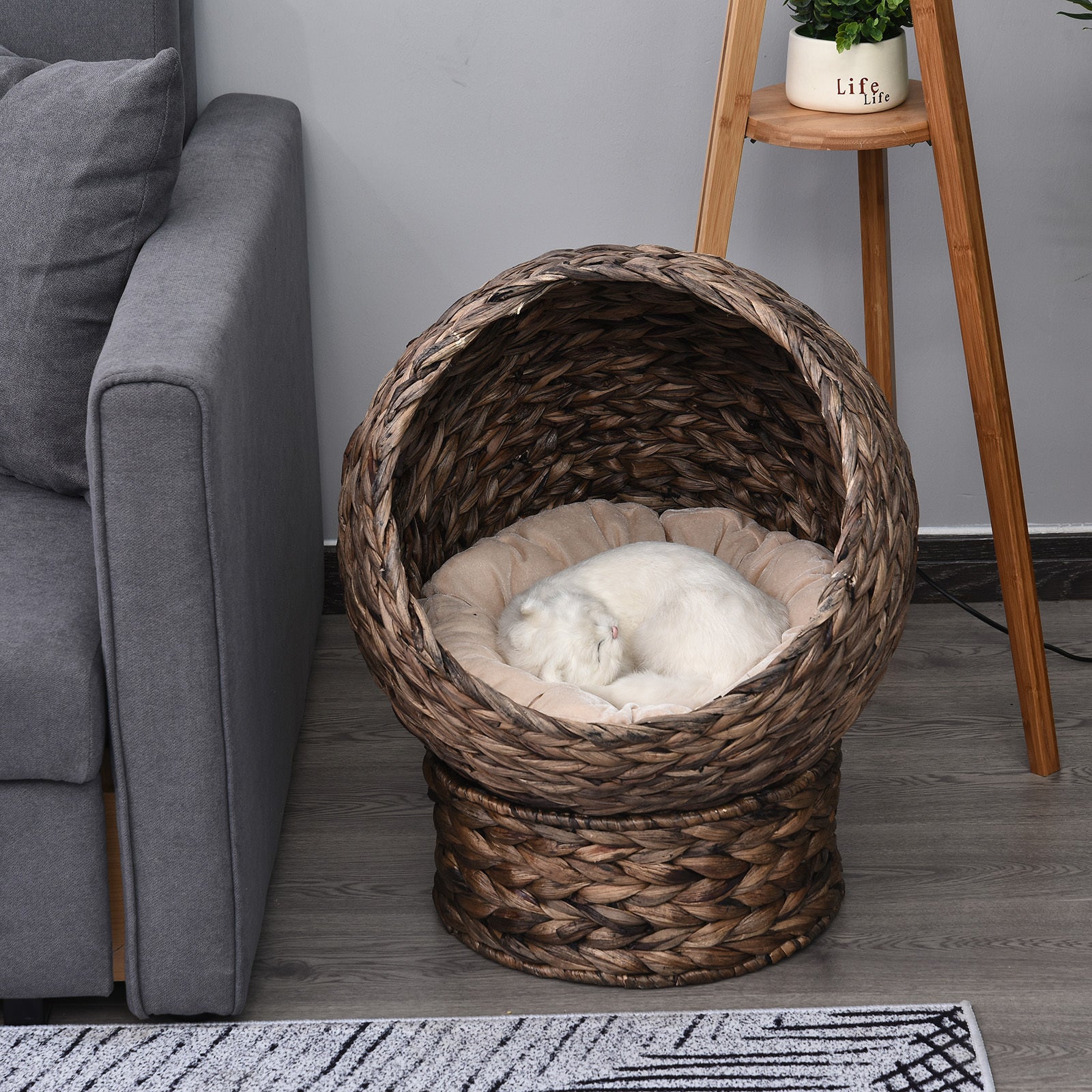 Pawhut Handwoven Elevated Cat Bed With Soft Cushion & Cat Egg Chair Shape, Cat Basket Bed Kitty House With Stand, Raised Wicker Cat Bed For Indoor Cats, 23.5" H, Grey Gray Rattan