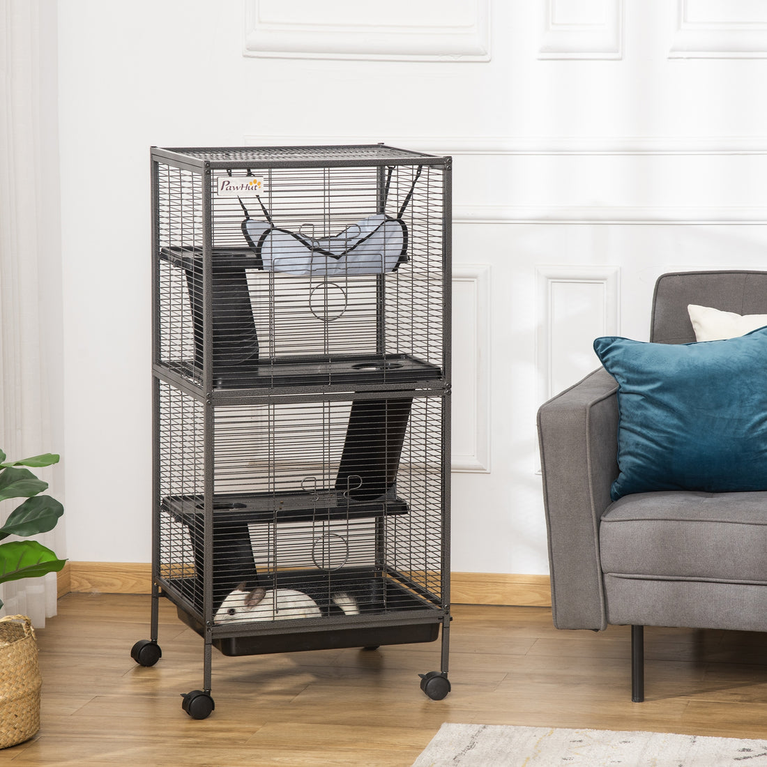 Pawhut Metal Small Animal Cage Rolling Big Ferret Cage, Chinchilla Cage, Sugar Glider Cage, With Hammock & 4 Tiers, Removable Tray, Gray Gray Steel