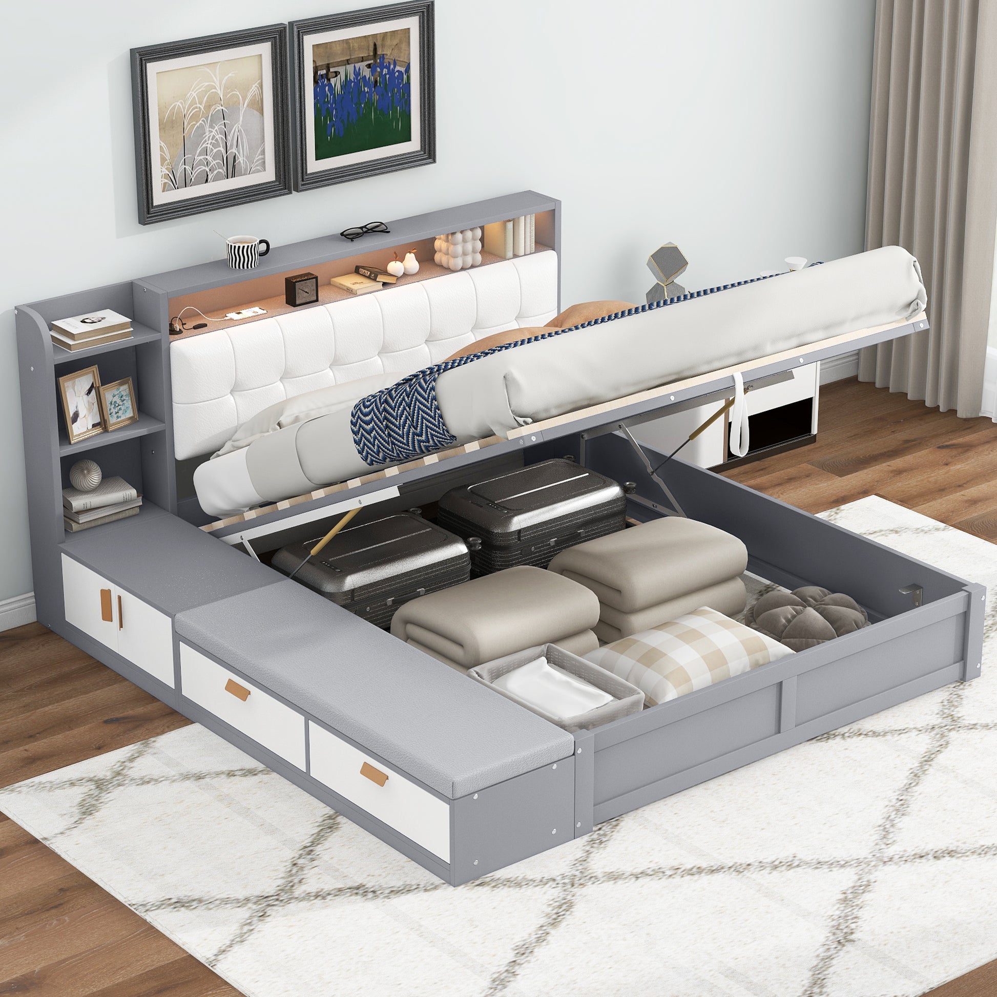 Queen Size Platform Bed Frame With Upholstery Headboard And Storage Shelves And,Usb Charging,Gray Queen Gray Solid Wood Mdf