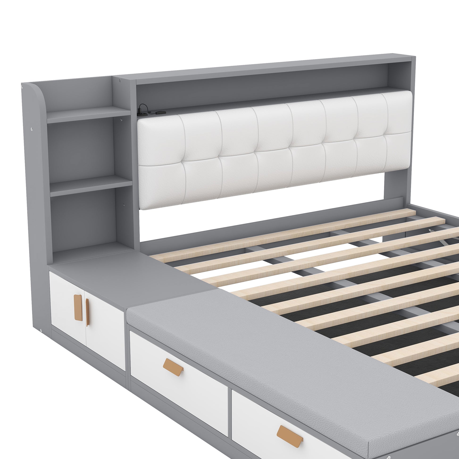 Queen Size Platform Bed Frame With Upholstery Headboard And Storage Shelves And,Usb Charging,Gray Queen Gray Solid Wood Mdf