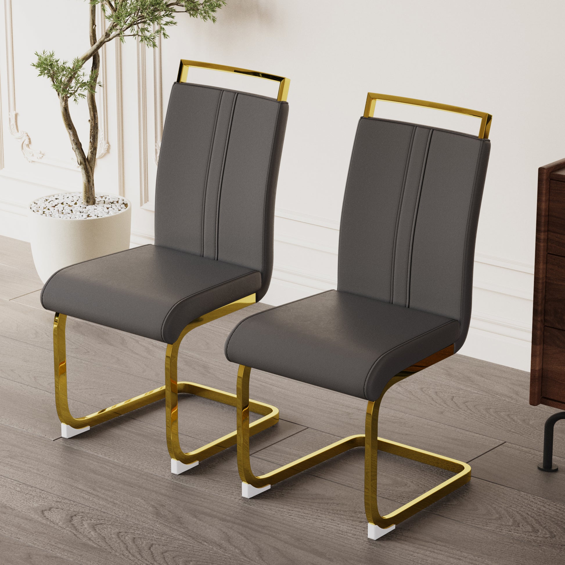 Modern Dining Chairs,Pu Faux Leather High Back Upholstered Side Chair With C Shaped Tube. Plating Golden Metal Legs For Dining Room Kitchen Vanity Patio Club Guest Office Chair Set Of 4 Grey Pu Grey Kitchen Dining Chairs Foam Pu