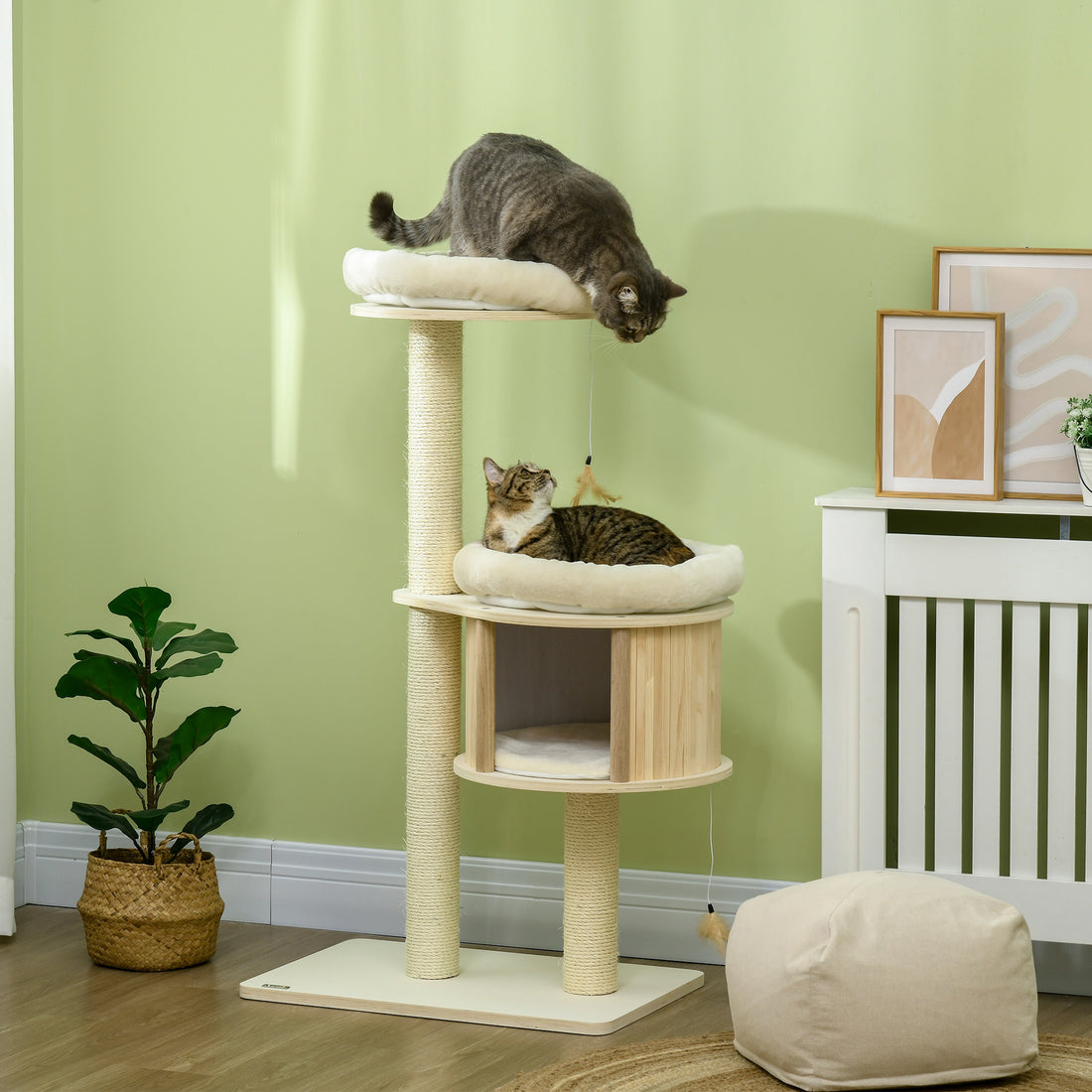 Pawhut 3 Level Cat Tree With Sisal Scratching Posts, Fun Cat Badminton Toy For Playing, Soft Cushions, & Play Areas Natural Particle Board