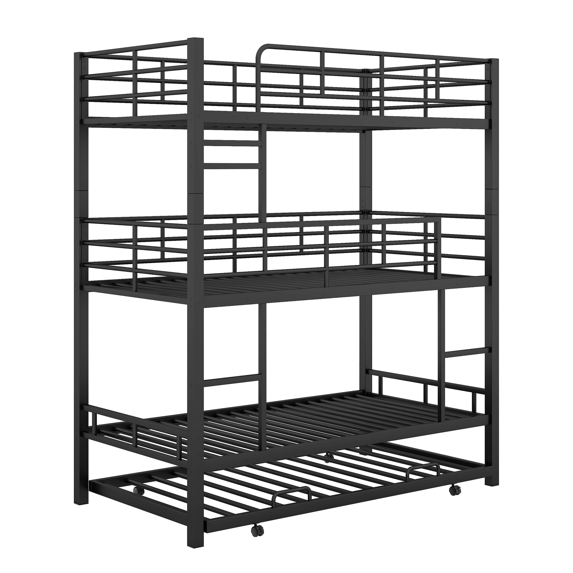 Metal Twin Size Triple Bunk Bed With Trundle, Black Antique Black Metal