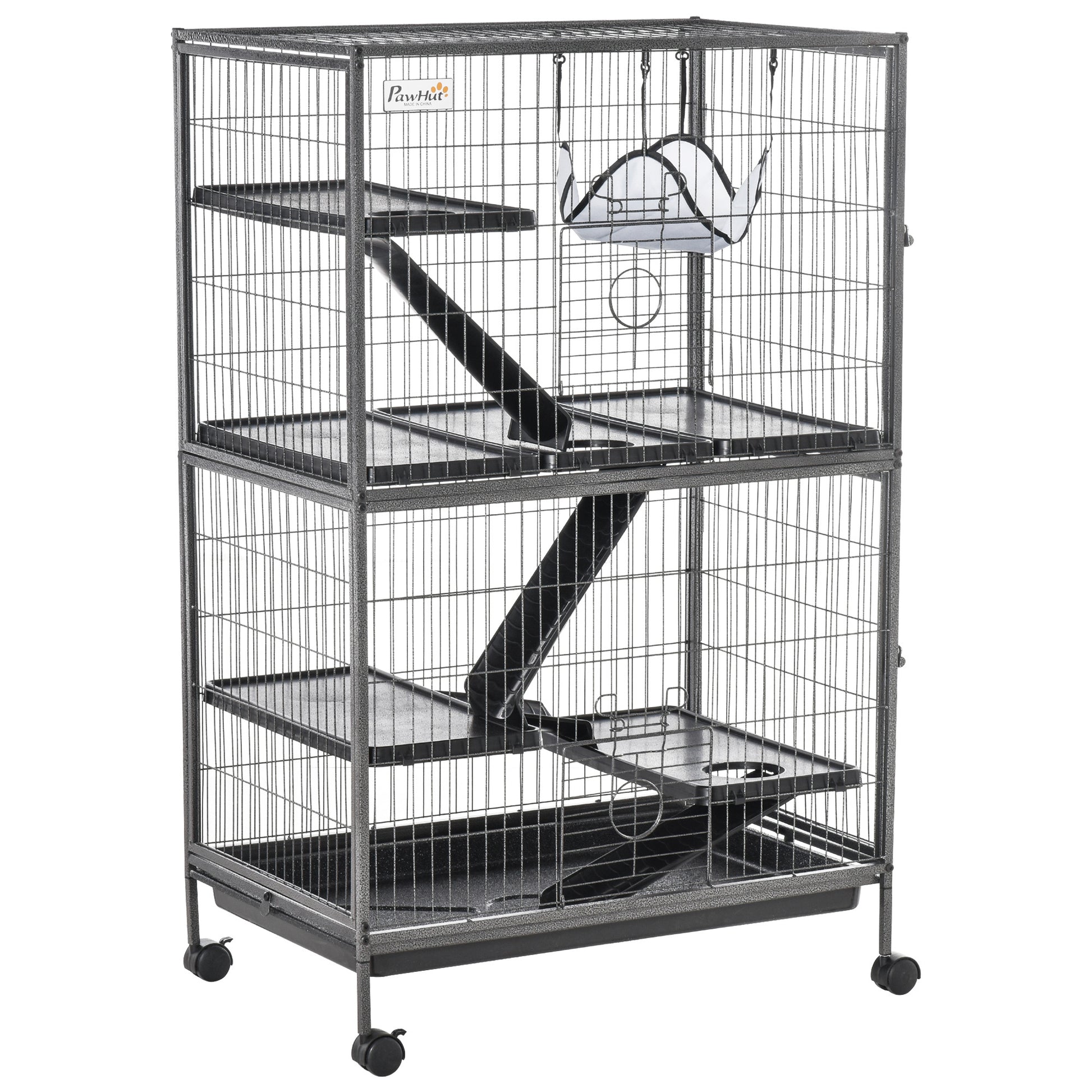 Pawhut 50" H 5 Tier Small Animal Cage, Ferret Cage, Large Chinchilla Cage With Hammock Accessory Heavy Duty Steel Wire, Small Animal Habitat With 4 Doors, Removable Tray, Silver Gray Steel