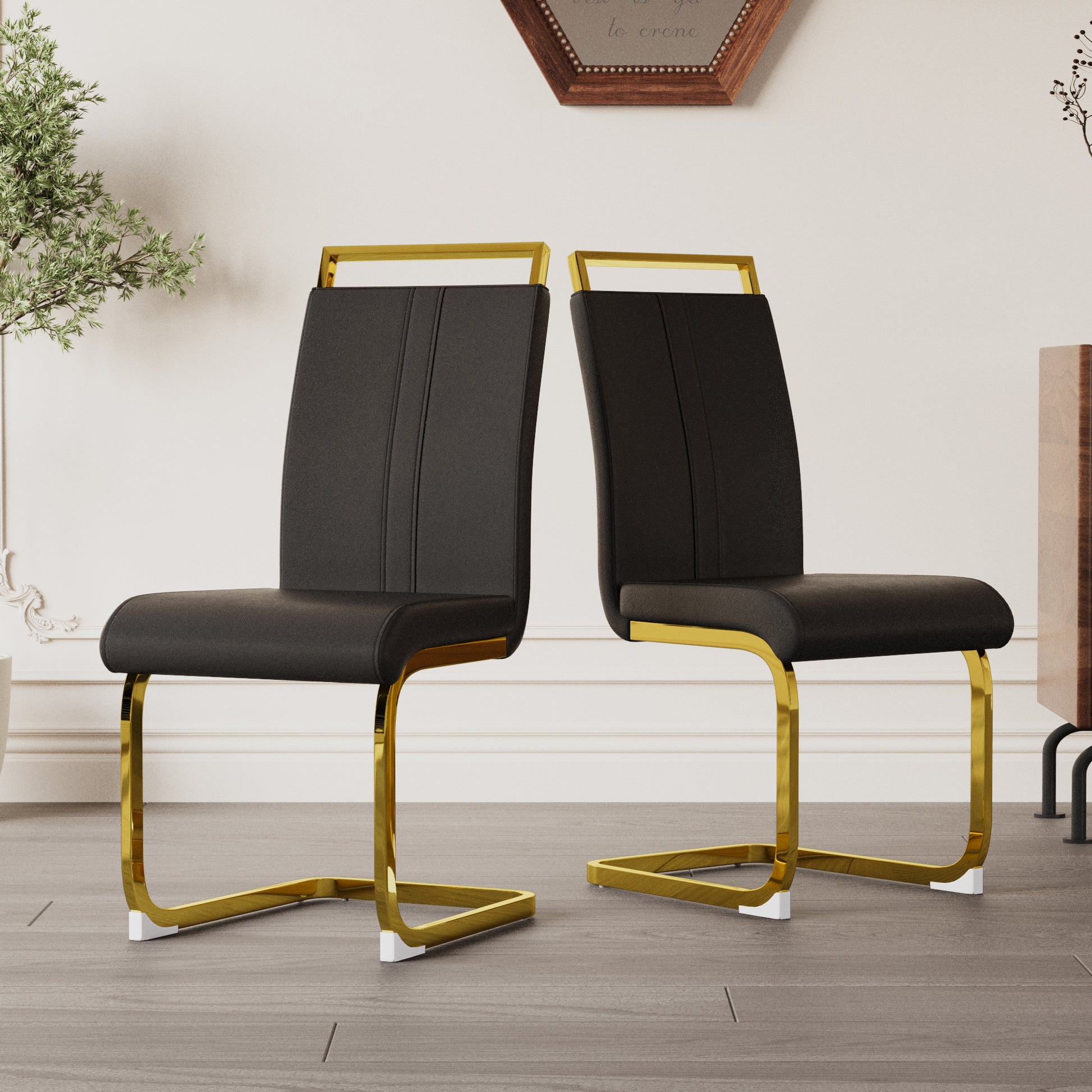 Modern Dining Chairs,Pu Faux Leather High Back Upholstered Side Chair With C Shaped Tube. Plating Golden Metal Legs For Dining Room Kitchen Vanity Patio Club Guest Office Chair Set Of 2 Black Pu Black Kitchen Dining Chairs Foam Pu