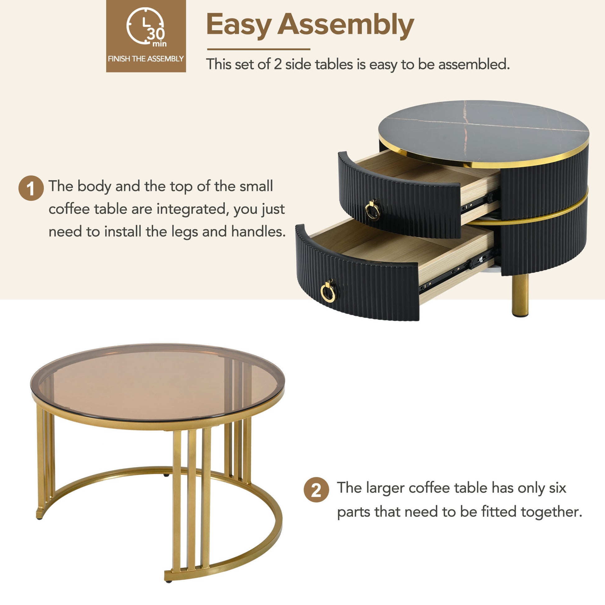 27.5'' & 19.6'' Stackable Coffee Table With 2 Drawers, Nesting Tables With Brown Tempered Glass And High Gloss Marble Tabletop, Set Of 2, Round Center Table For Living Room, Black Golden Black Primary Living Space Drawers Round Mdf Iron