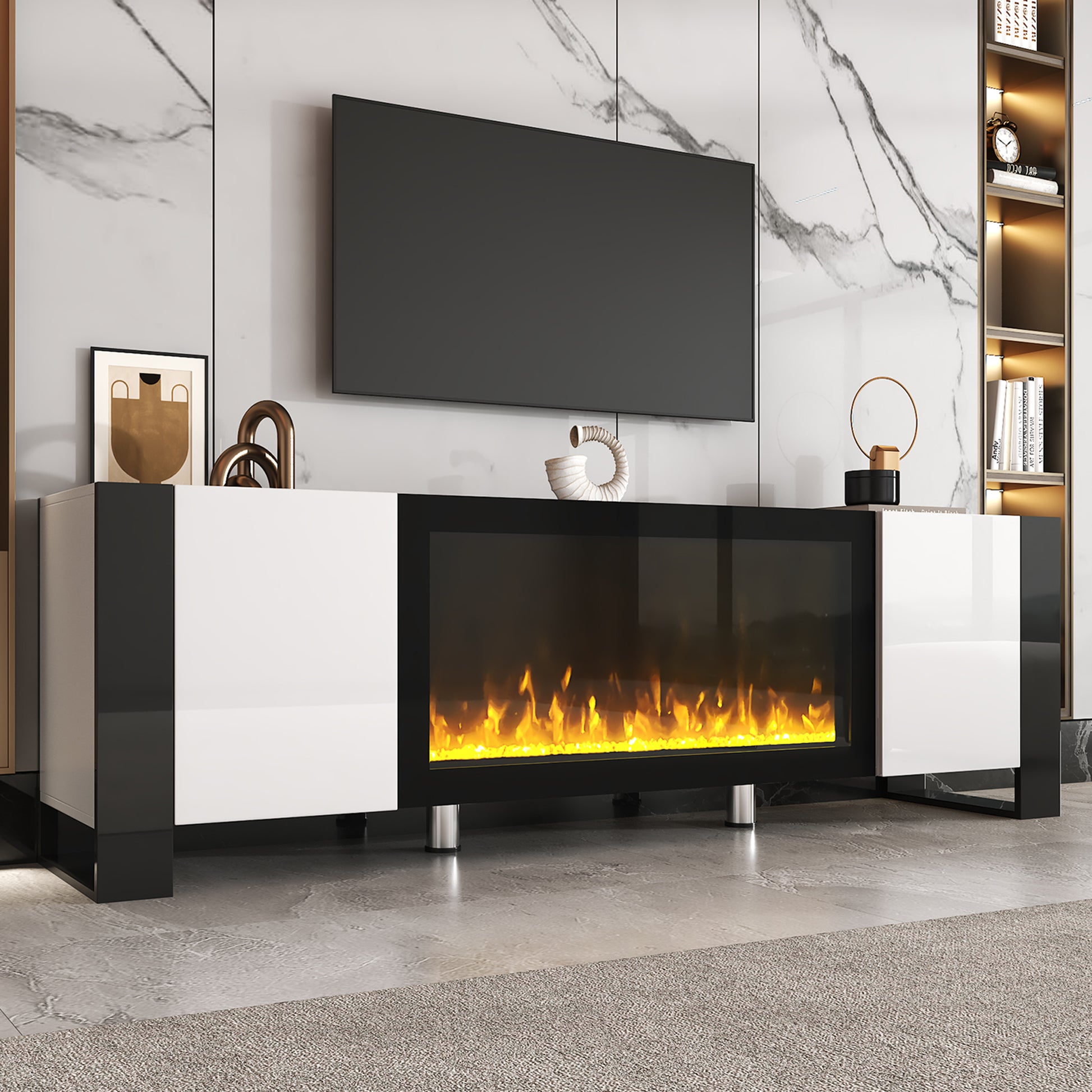 Modern Tv Stand With 34.2" Non Heating Electric Fireplace, High Gloss Entertainment Center With 2 Cabinets, Media Console For Tvs Up To 78", White White Primary Living Space 70 79 Inches 70 79 Inches Modern Mdf