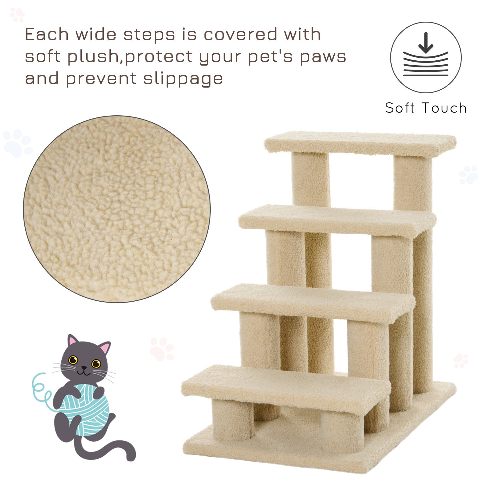 Pawhut 25" 4 Step Multi Level Carpeted Cat Scratching Post Pet Stairs, Beige Brown Particle Board