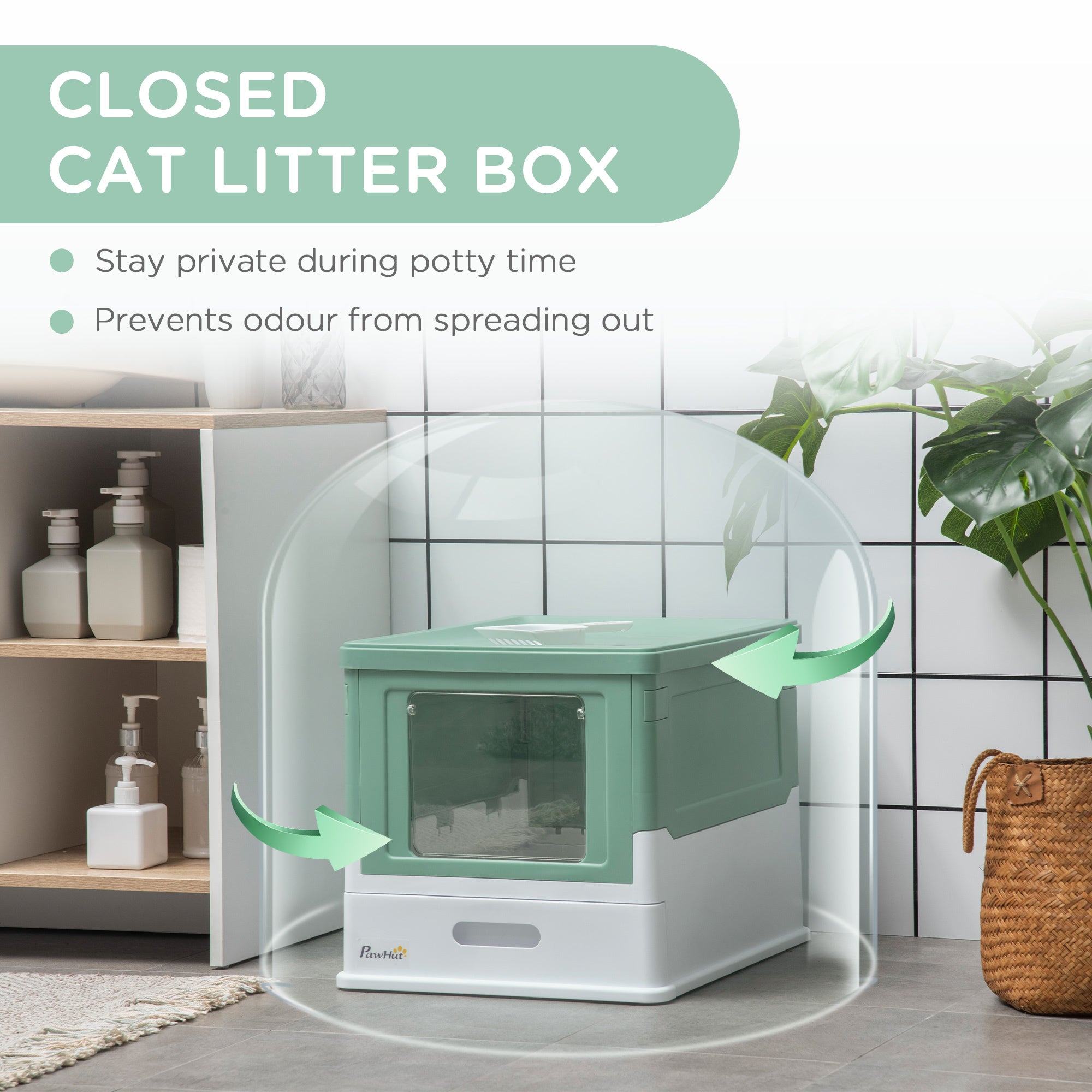 PawHut Fully Enclosed Cat Litter Box with Scoop green-polypropylene