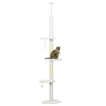 Pawhut Floor To Ceiling Cat Tree With Scratching Posts, 88.5" 100.5" Adjustable Height, Cat Climbing Tower With Cloud Shape Platforms, Toy Balls, Anti Toppling Device, White White Particle Board