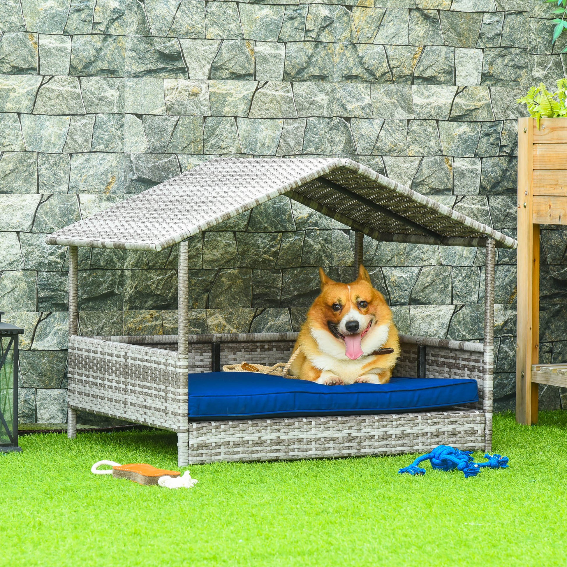 Pawhut Wicker Dog House Outdoor With Canopy, Rattan Dog Bed With Water
