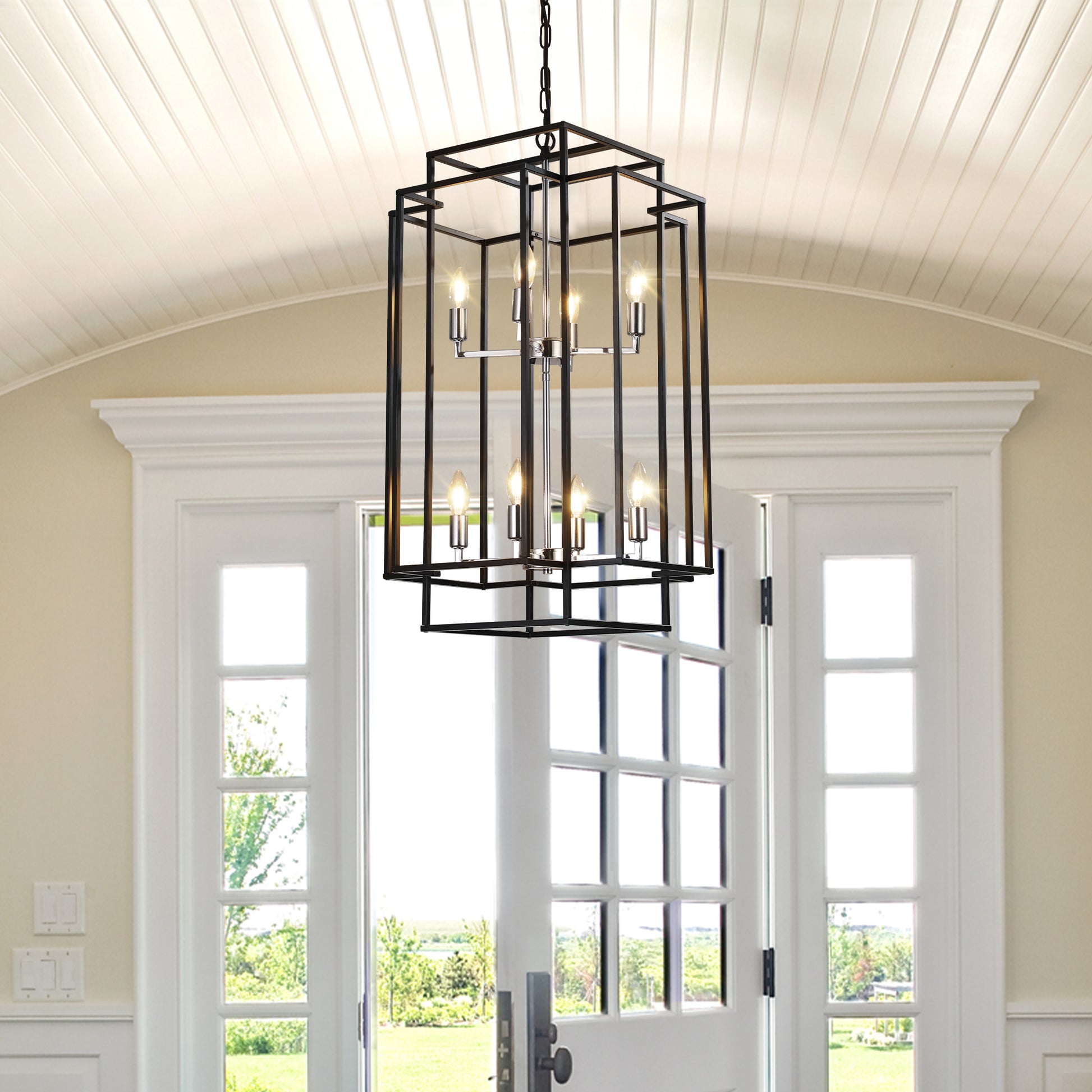 Same As W1340142525 L1018 C 8 Lights Lantern Tiered Pendant Light Fixtures, Industrial Farmhouse Hanging Chandelier For Entryway, Foyer, Living Room, Kitchen Island, Staircase Black & Silver Chrome Farmhouse Iron