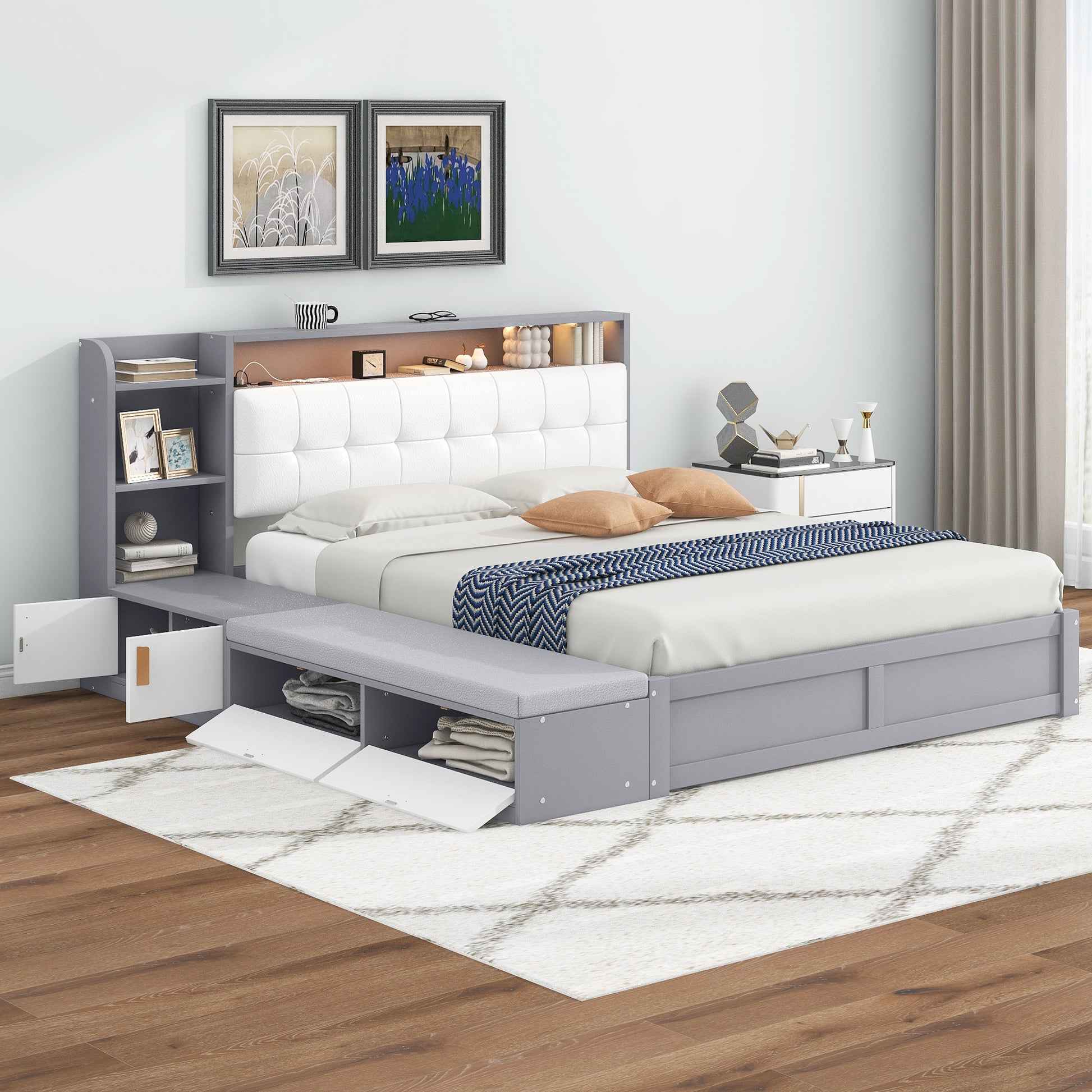 Queen Size Platform Bed Frame With Upholstery Headboard And Storage Shelves And,Usb Charging,Gray Queen Gray Solid Wood Mdf