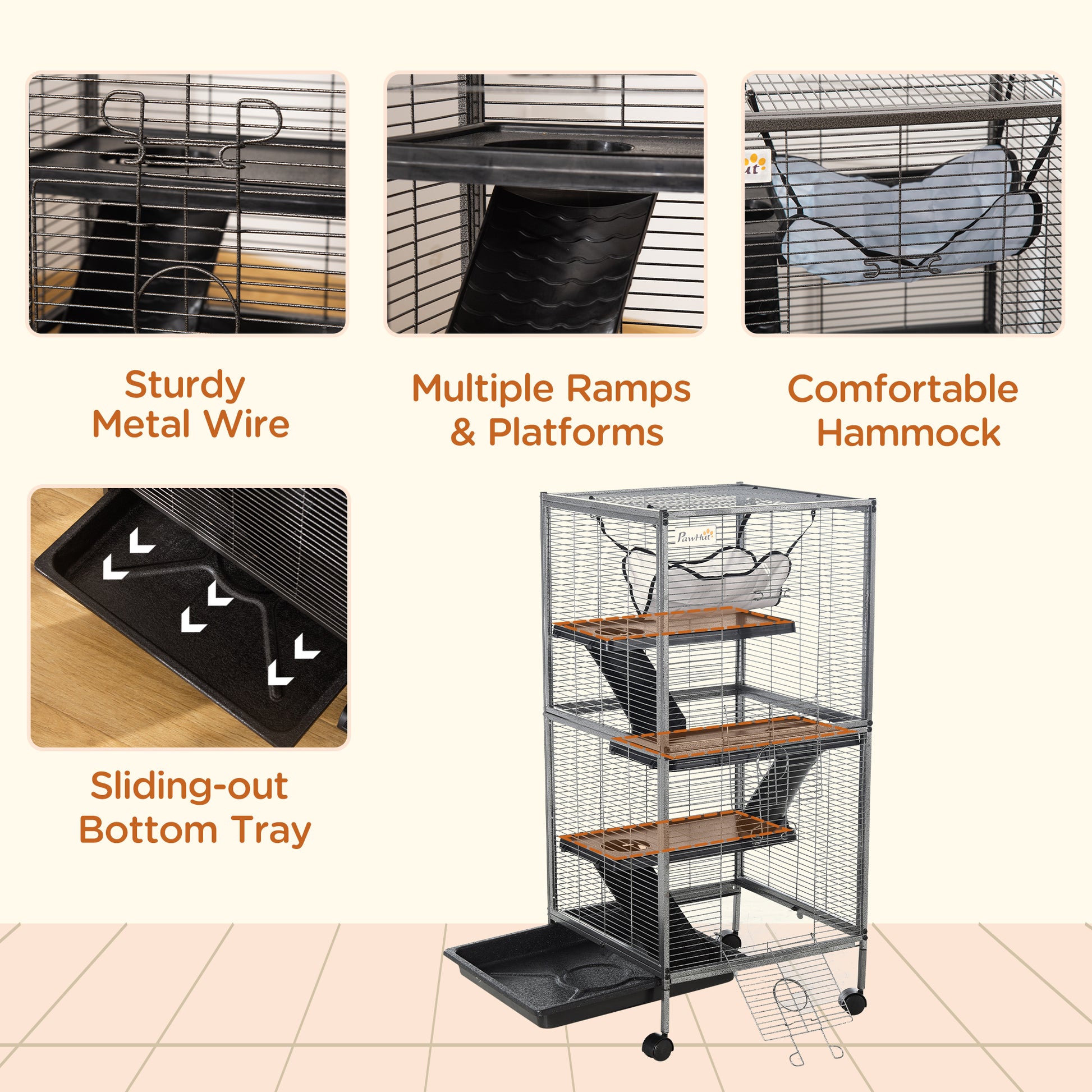 Pawhut Metal Small Animal Cage Rolling Big Ferret Cage, Chinchilla Cage, Sugar Glider Cage, With Hammock & 4 Tiers, Removable Tray, Gray Gray Steel