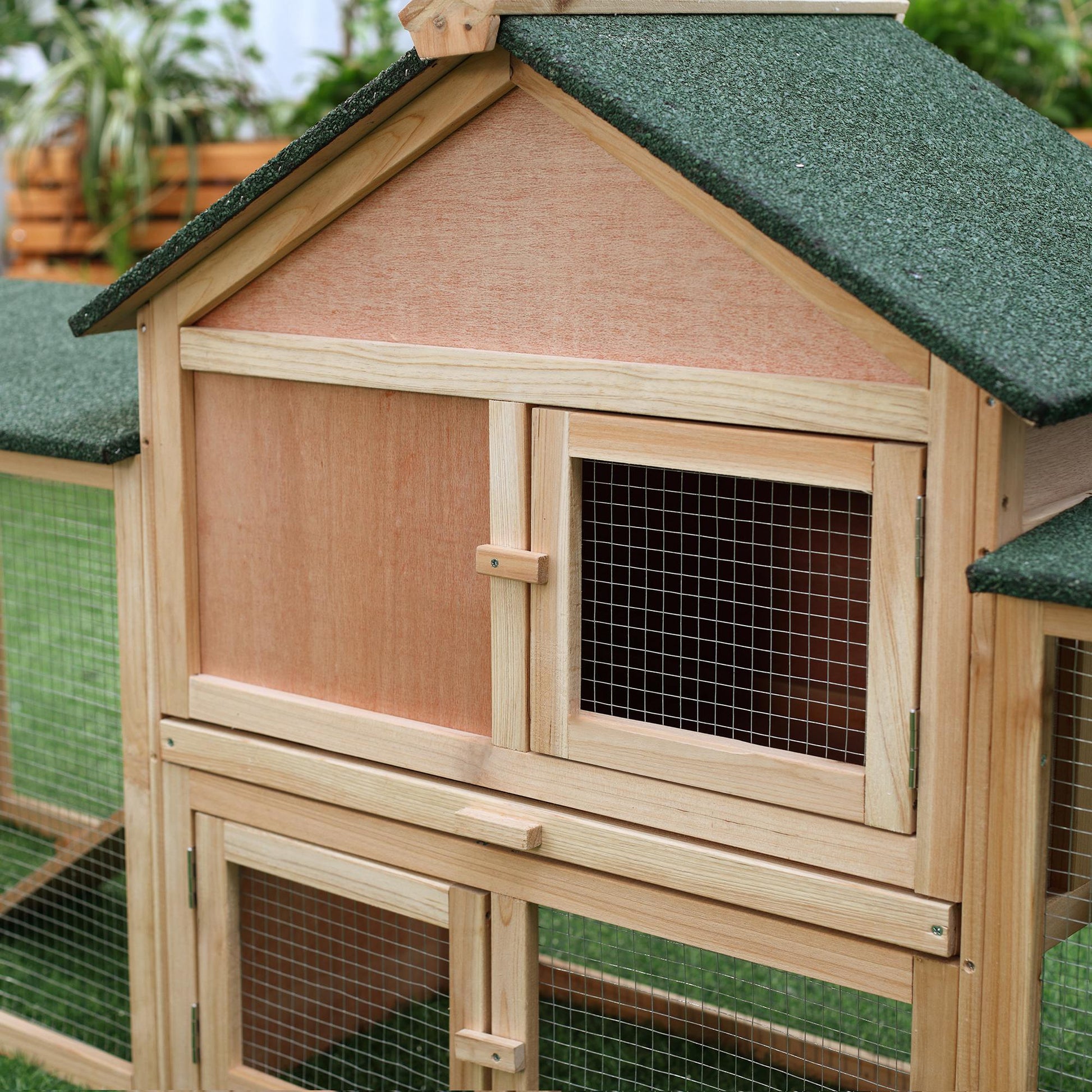 Pawhut 83"L Outdoor Rabbit Hutch, Guinea Pig Cage Indoor Outdoor Wooden Bunny Hutch With Double Runs, Weatherproof Roof, Removable Tray, Ramps, Natural Yellow Wood