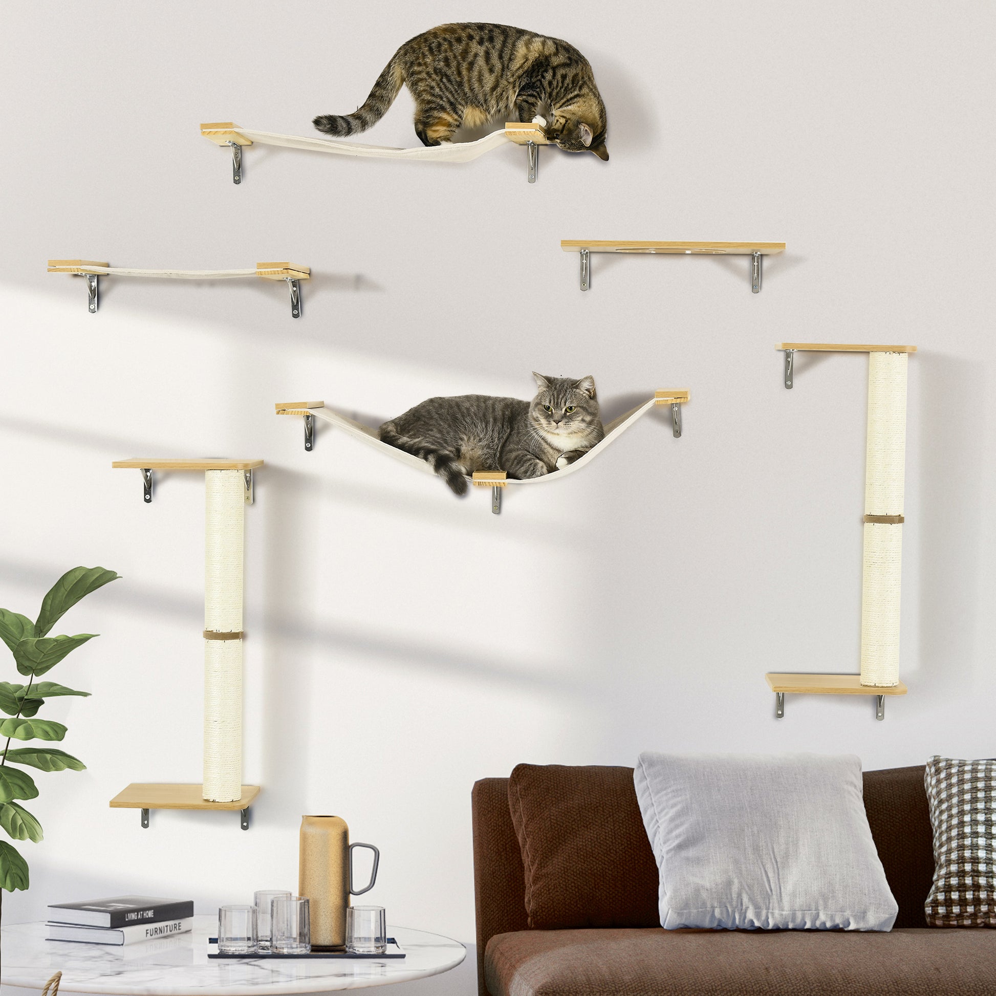 Pawhut Unique Cat Tree Made From Cat Shelves With 8 Levels For More Height, Wall Mounted Cat Tree Climbing Playground With Cat Hammocks, Modern Cat Tree Natural Particle Board