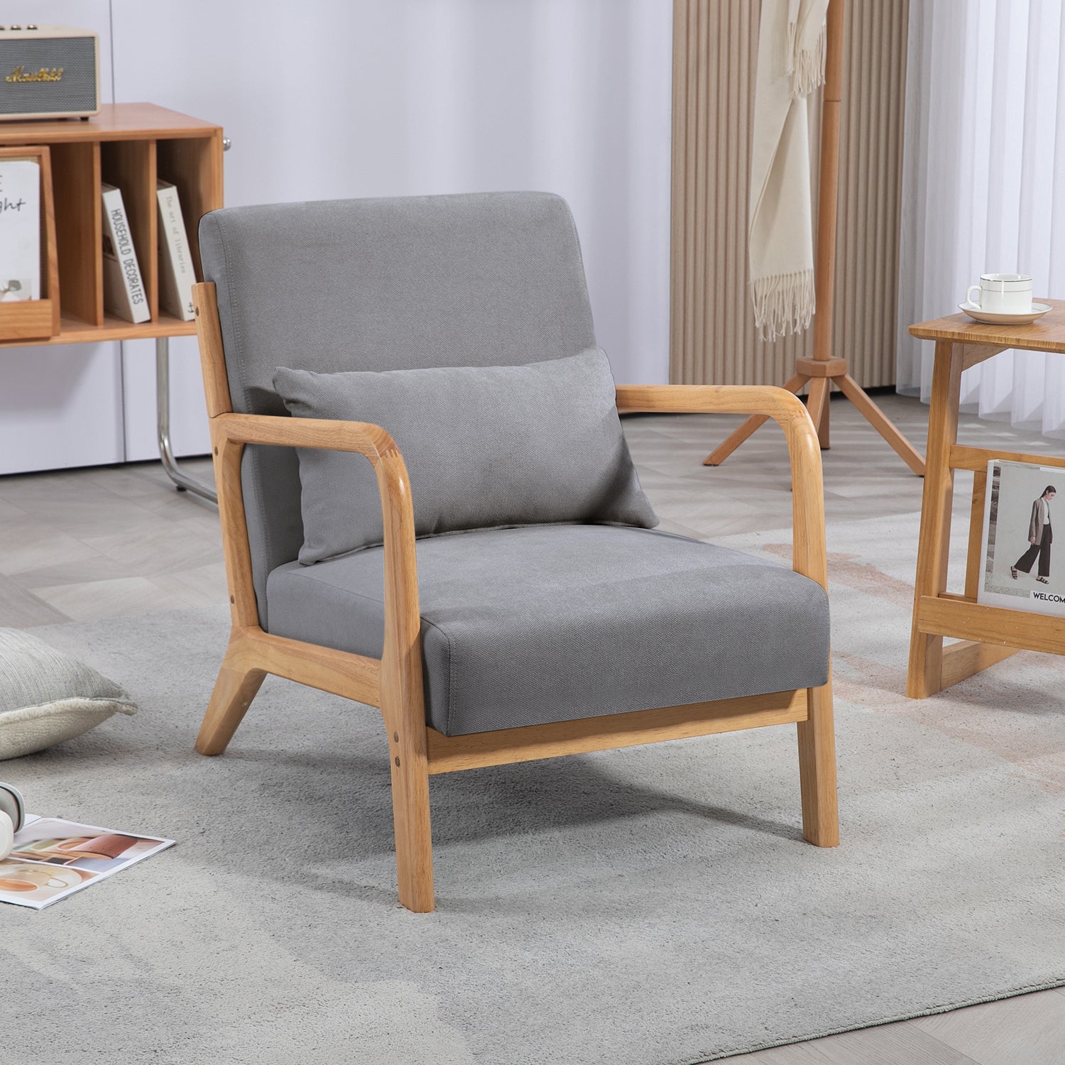Leisure Chair With Solid Wood Armrest And Feet, Mid Century Modern Accent Sofa,1 Seat Light Gray Linen