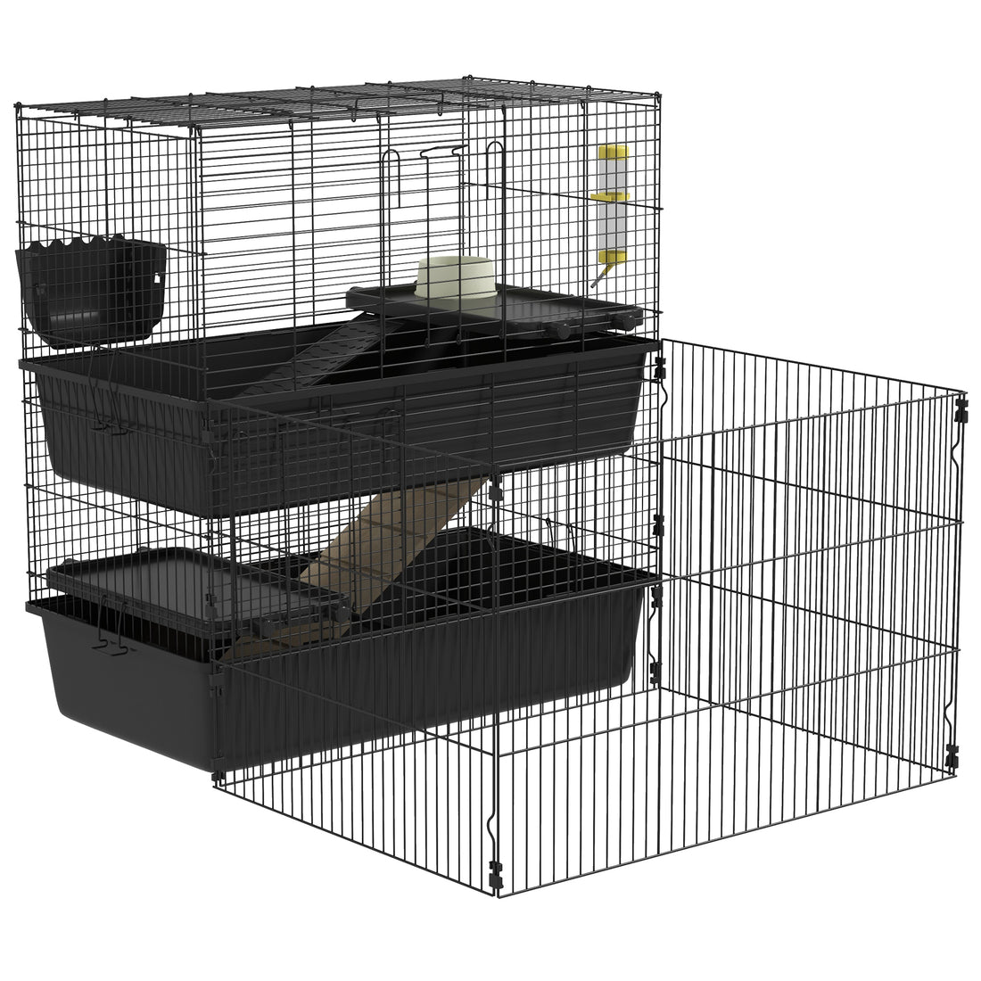 Pawhut Small Animal Cage With Playpen, Multi Level Pet Habitat Indoor For Guinea Pigs Hedgehogs Bunnies With Accessories, Water Bottle, Food Dish, Feeding Trough, 42" X 33" X 36" Black Steel