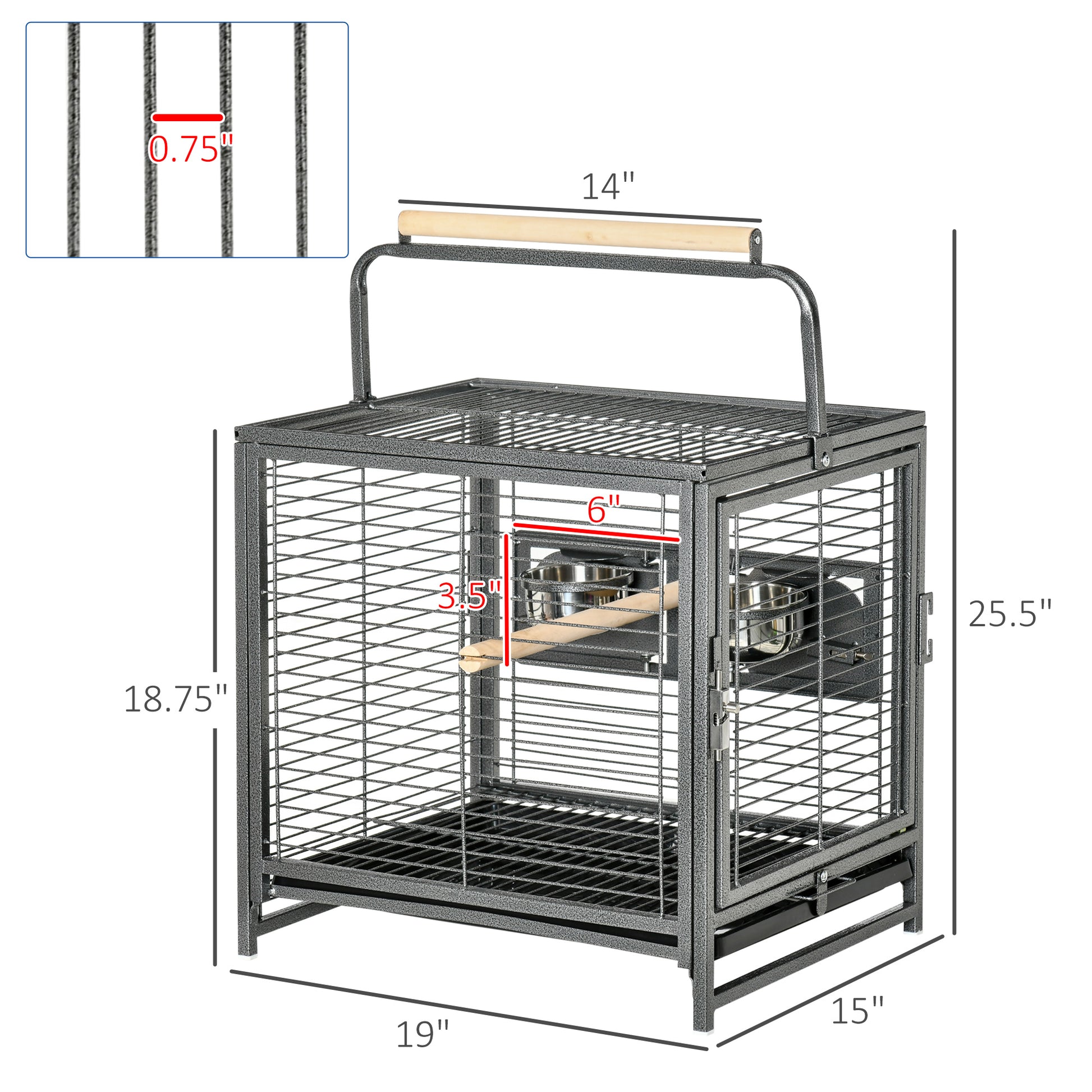 Pawhut 19" Travel Bird Cage Parrot Carrier With Handle Wooden Perch For Cockatiels, Conures, Black Black Steel