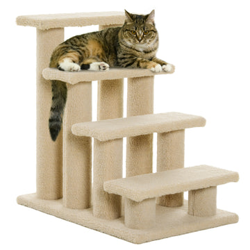 Pawhut 25" 4 Step Multi Level Carpeted Cat Scratching Post Pet Stairs, Beige Brown Particle Board