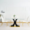 Modern Simple Table And Chair Set, One Table And Four Chairs. Transparent Tempered Glass Table Top, Solid Base. Gold Plated Metal Chair Legs Set Of 5 White Black Mdf Metal