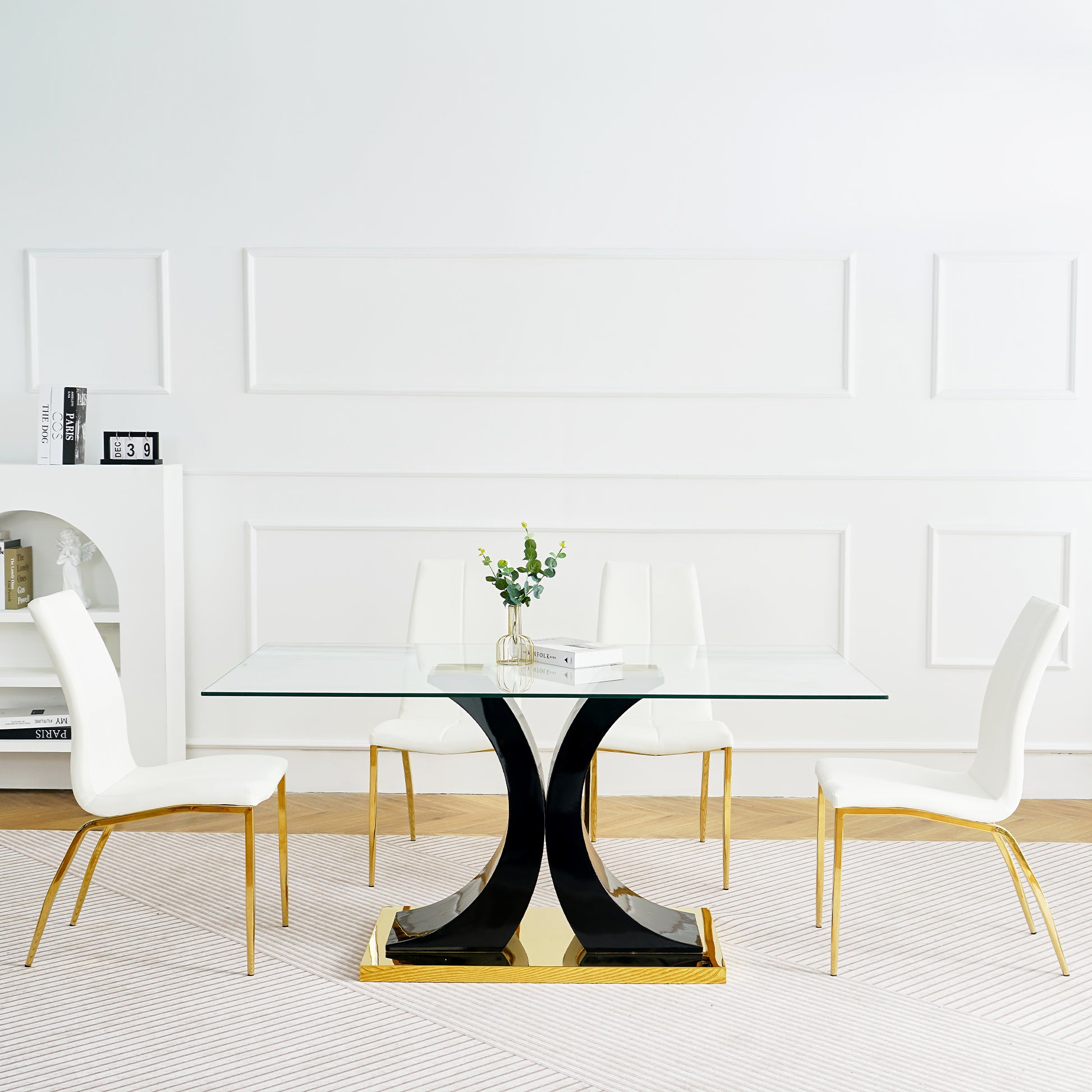 Modern Simple Table And Chair Set, One Table And Four Chairs. Transparent Tempered Glass Table Top, Solid Base. Gold Plated Metal Chair Legs Set Of 5 White Black Mdf Metal