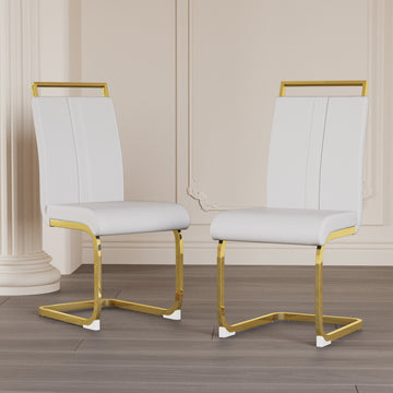 Modern Dining Chairs,Pu Faux Leather High Back Upholstered Side Chair With C Shaped Tube. Plating Golden Metal Legs For Dining Room Kitchen Vanity Patio Club Guest Office Chair Set Of 2 White Pu White Kitchen Dining Chairs Foam Pu