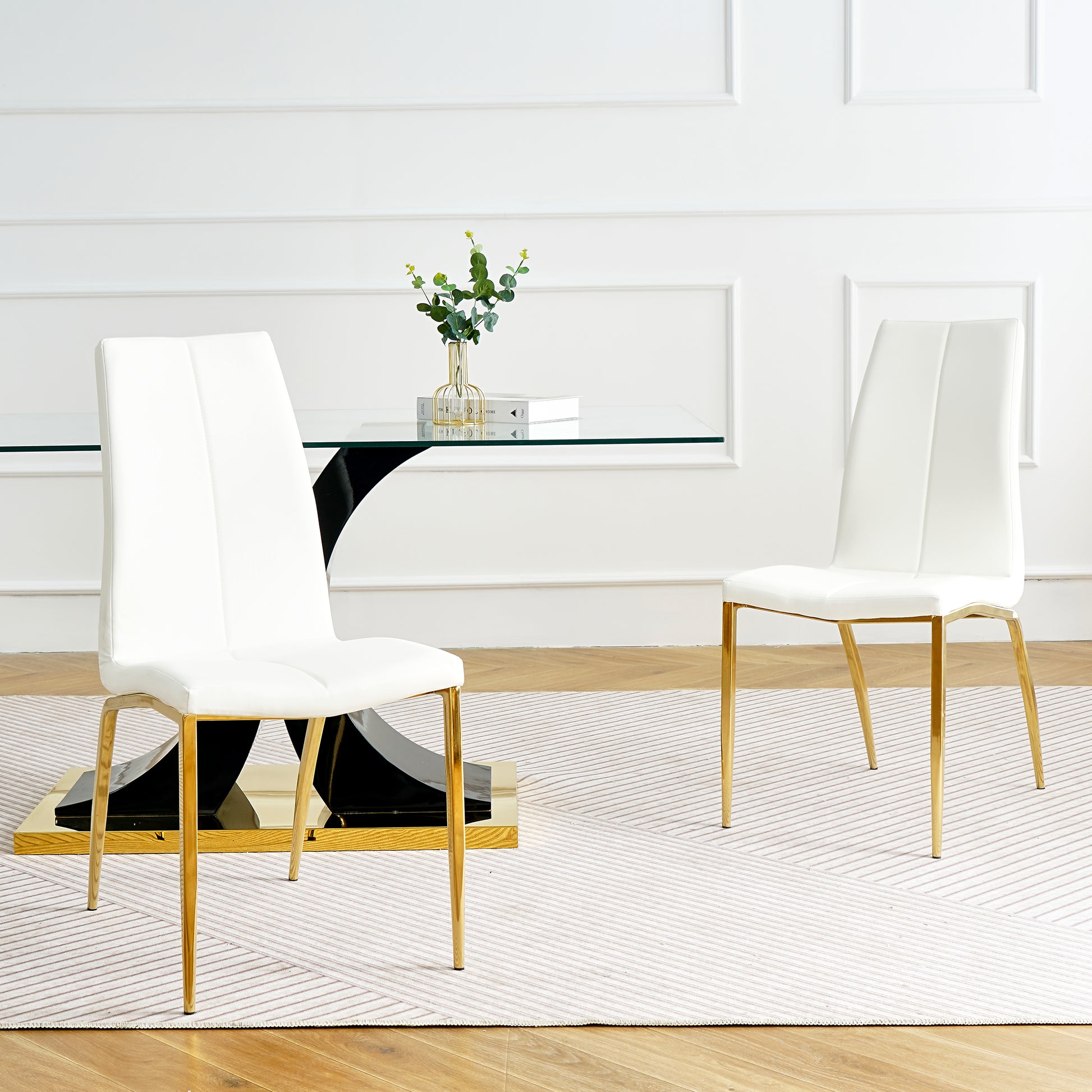 Modern Simple Table And Chair Set, One Table And Four Chairs. Transparent Tempered Glass Table Top, Solid Base. Gold Plated Metal Chair Legs Set Of 5 White Black Mdf Metal