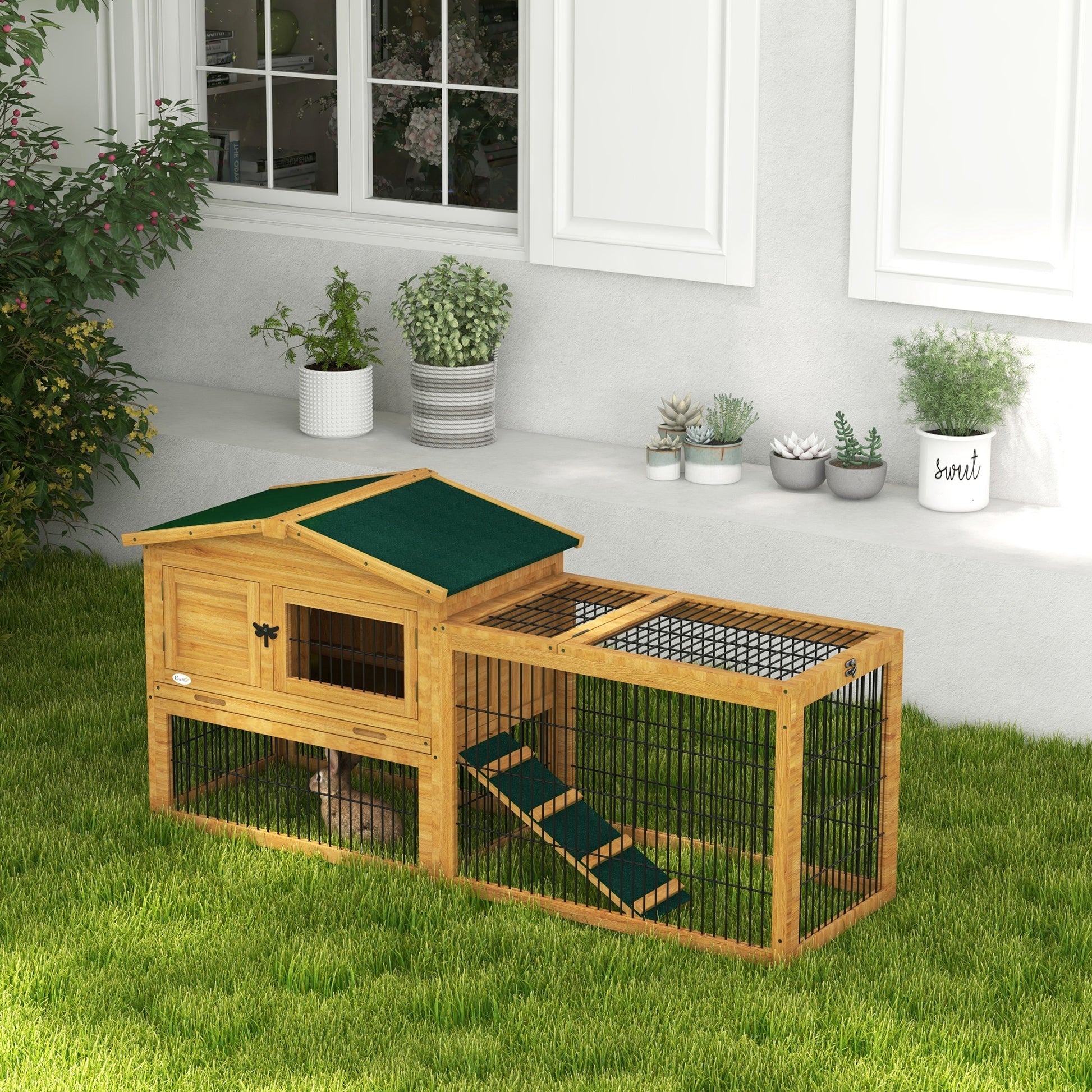 Pawhut 2 Levels Outdoor Rabbit Hutch With Openable Top, 59" Wooden Large Rabbit Cage With Run Weatherproof Roof, Removable Tray, Ramp, Yellow Yellow Wood