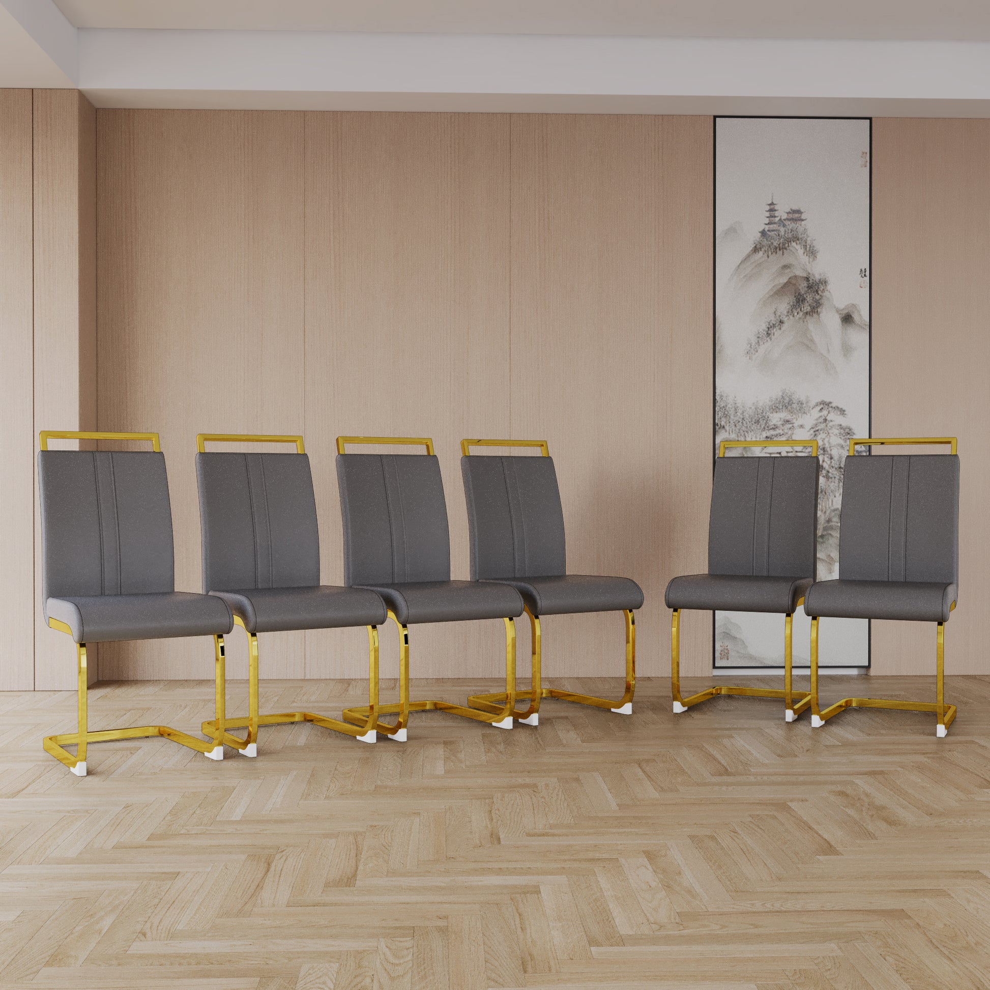 Modern Dining Chairs,Pu Faux Leather High Back Upholstered Side Chair With C Shaped Tube. Plating Golden Metal Legs For Dining Room Kitchen Vanity Patio Club Guest Office Chair Set Of 2 Grey Pu Grey Kitchen Dining Chairs Foam Pu