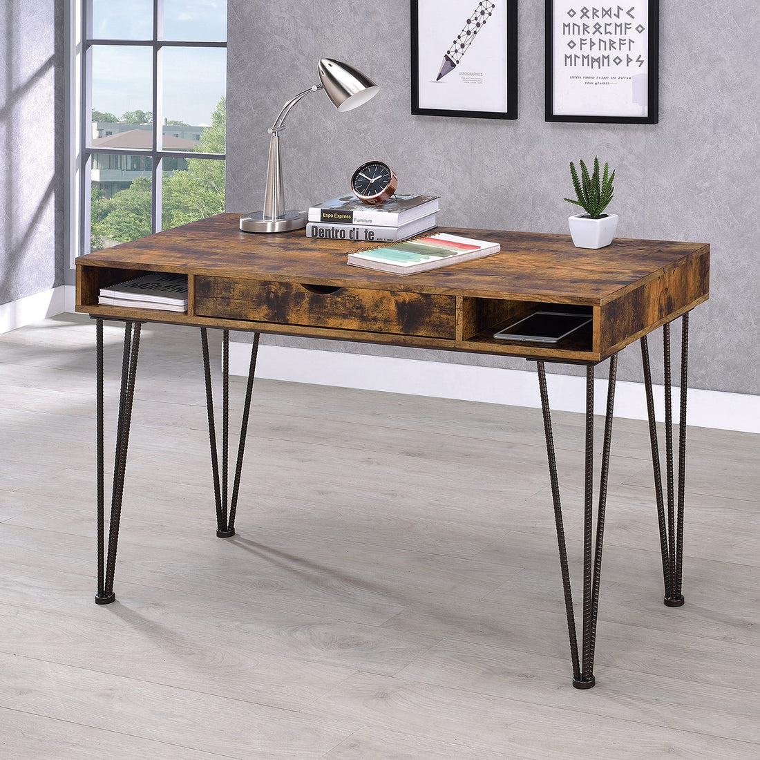 1 Drawer Writing Desk In Antique Nutmeg And Dark Bronze Brown Writting Desk Rectangular Mdf Metal