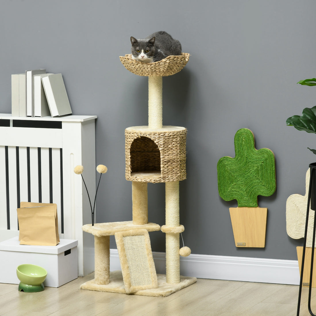 Pawhut 45" Cat Tree For Indoor Cats, Cat Tree Tower With Scratching Posts, Ramp, Condo, Toy Balls, Platforms, Bed, Ramp, Beige Beige Particle Board