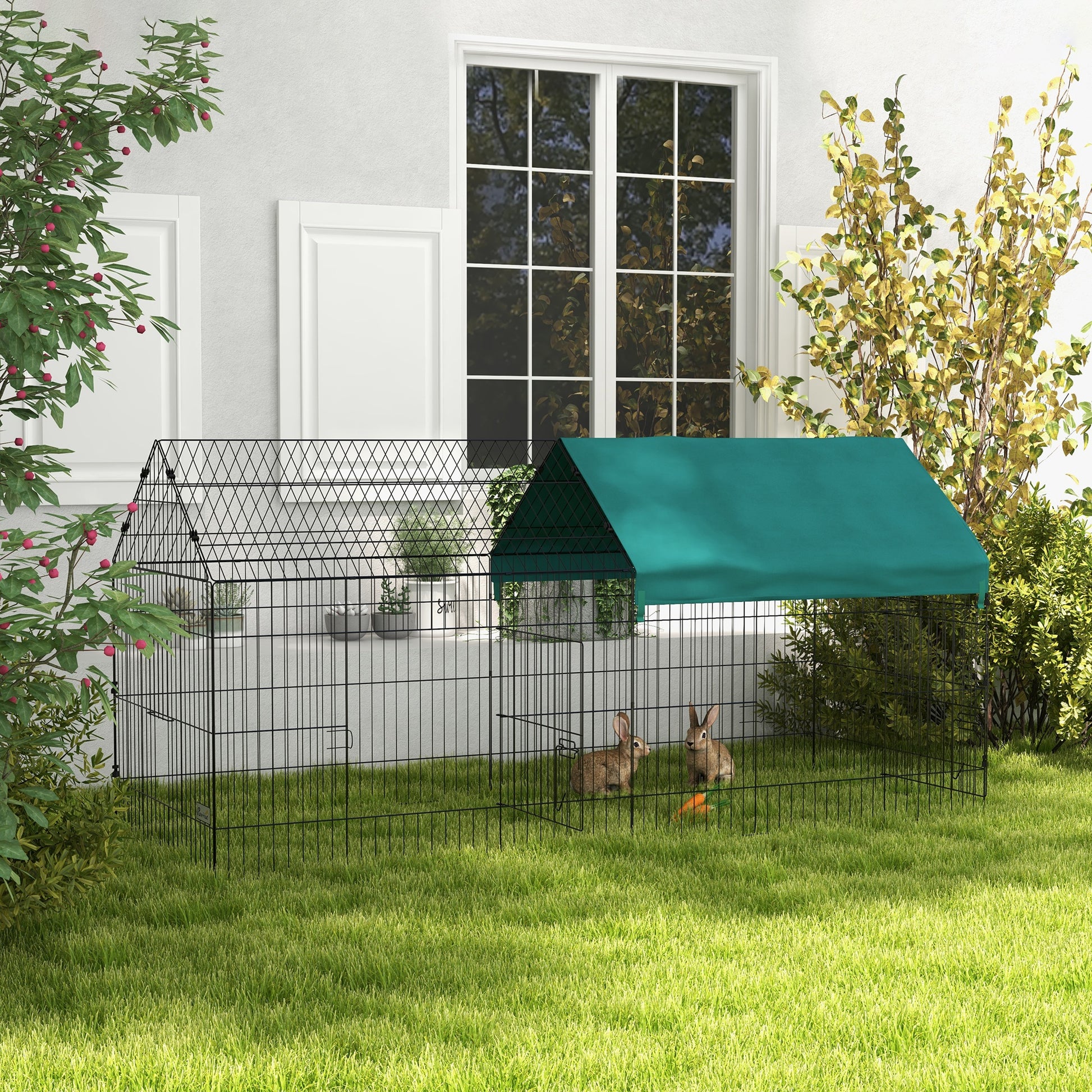 Pawhut 87" Small Animal Playpen, Pet Playpen Yard Fence For Rabbits, Chicken, Chinchillas With Roof For Indoor & Outdoor, Green Green Steel