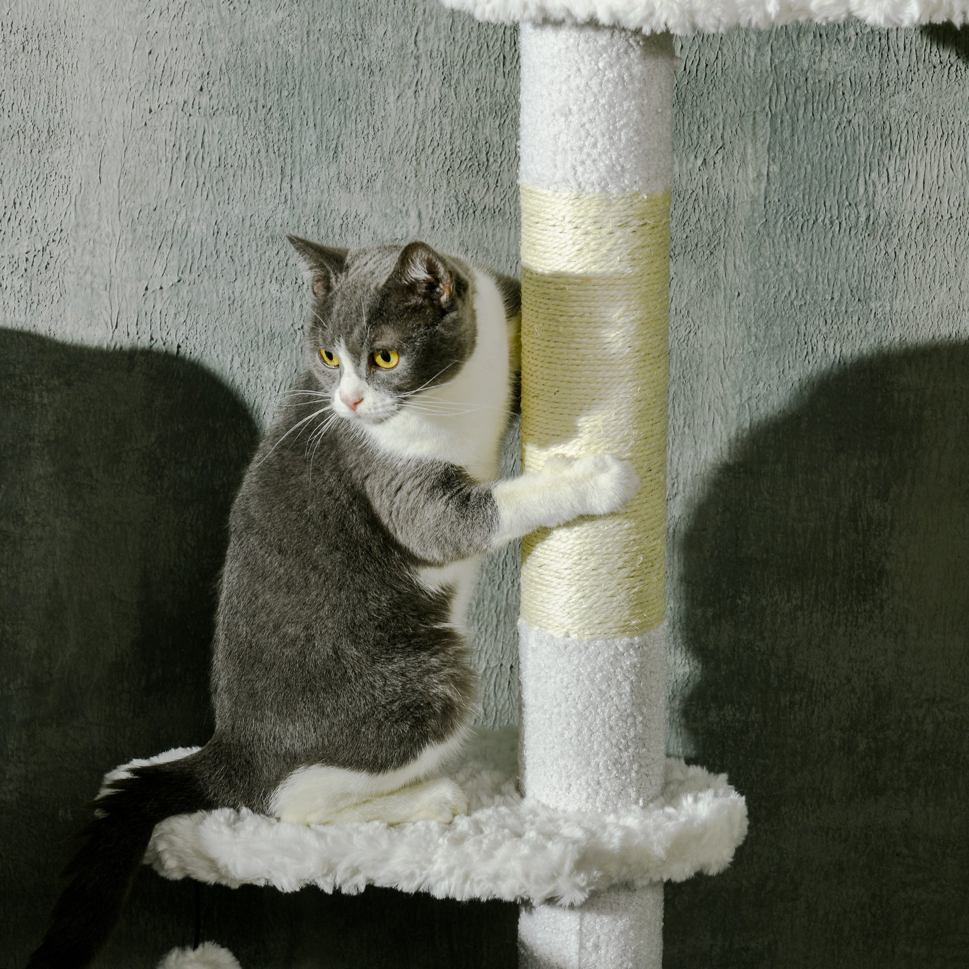 Pawhut Floor To Ceiling Cat Tree With Scratching Posts, 88.5" 100.5" Adjustable Height, Cat Climbing Tower With Cloud Shape Platforms, Toy Balls, Anti Toppling Device, White White Particle Board