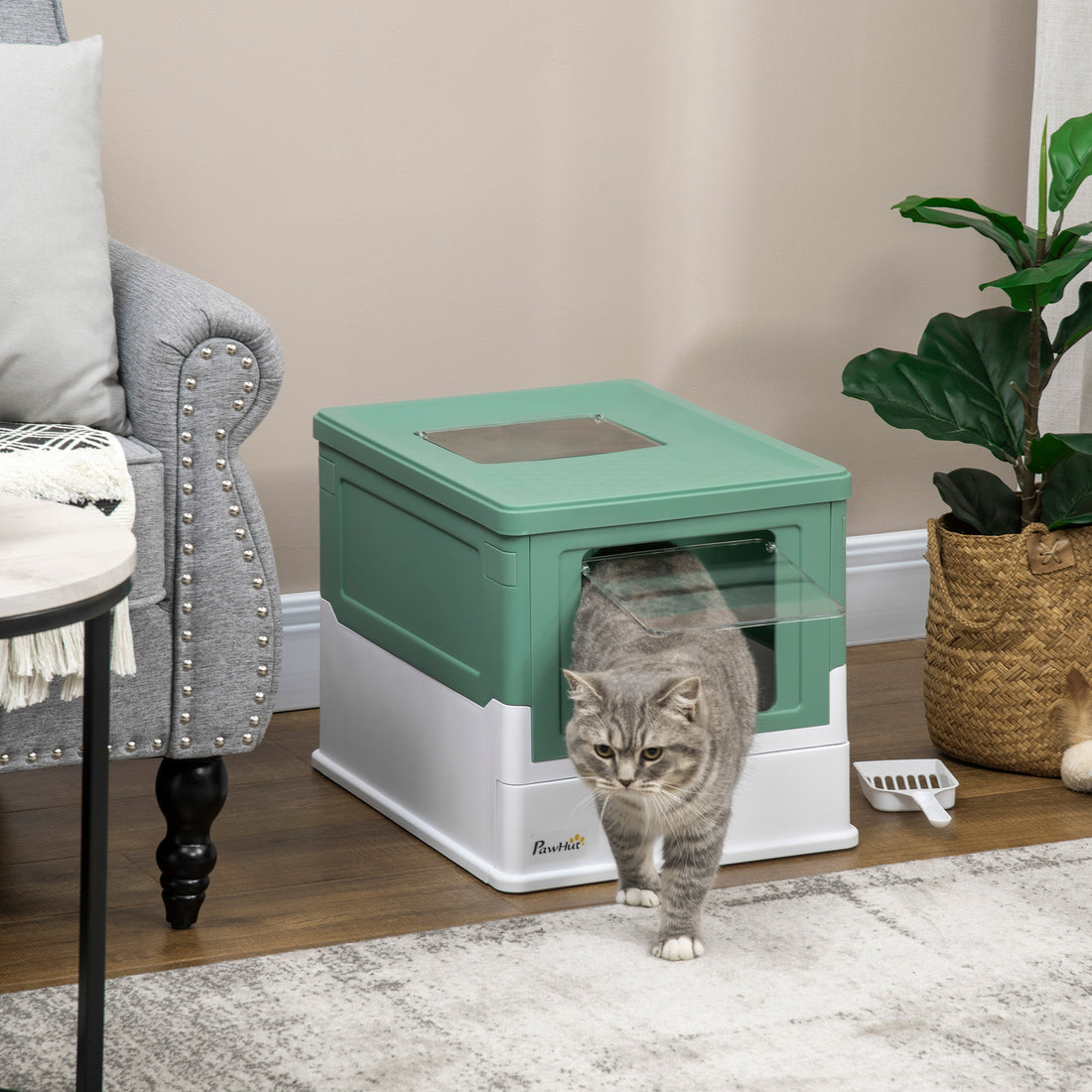 PawHut Fully Enclosed Cat Litter Box with Scoop green-polypropylene