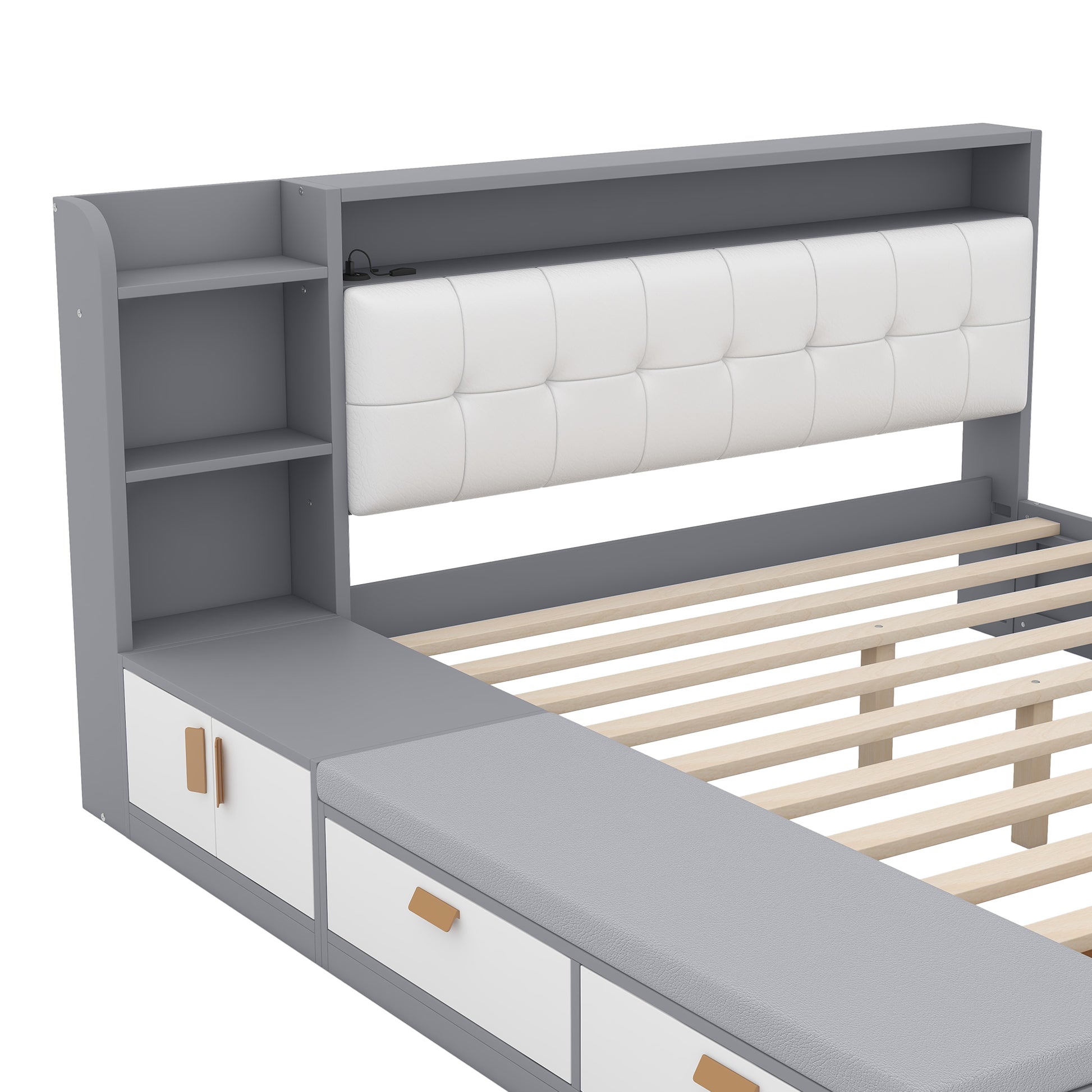 Queen Size Low Profile Platform Bed Frame With Upholstery Headboard And Storage Shelves And Drawers,Usb Charging Design,Gray Queen Gray Solid Wood Mdf