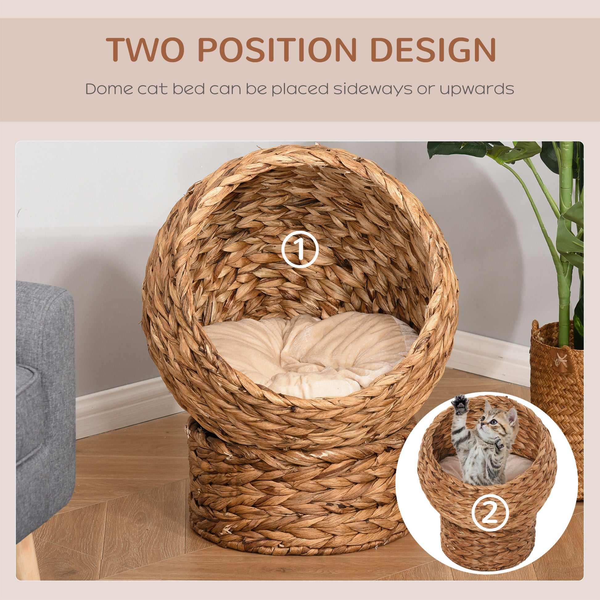 Pawhut Handwoven Elevated Cat Bed With Soft Cushion & Cat Egg Chair Shape, Cat Basket Bed Kitty House With Stand, Raised Wicker Cat Bed For Indoor Cats, 23.5" H, Brown Brown Rattan