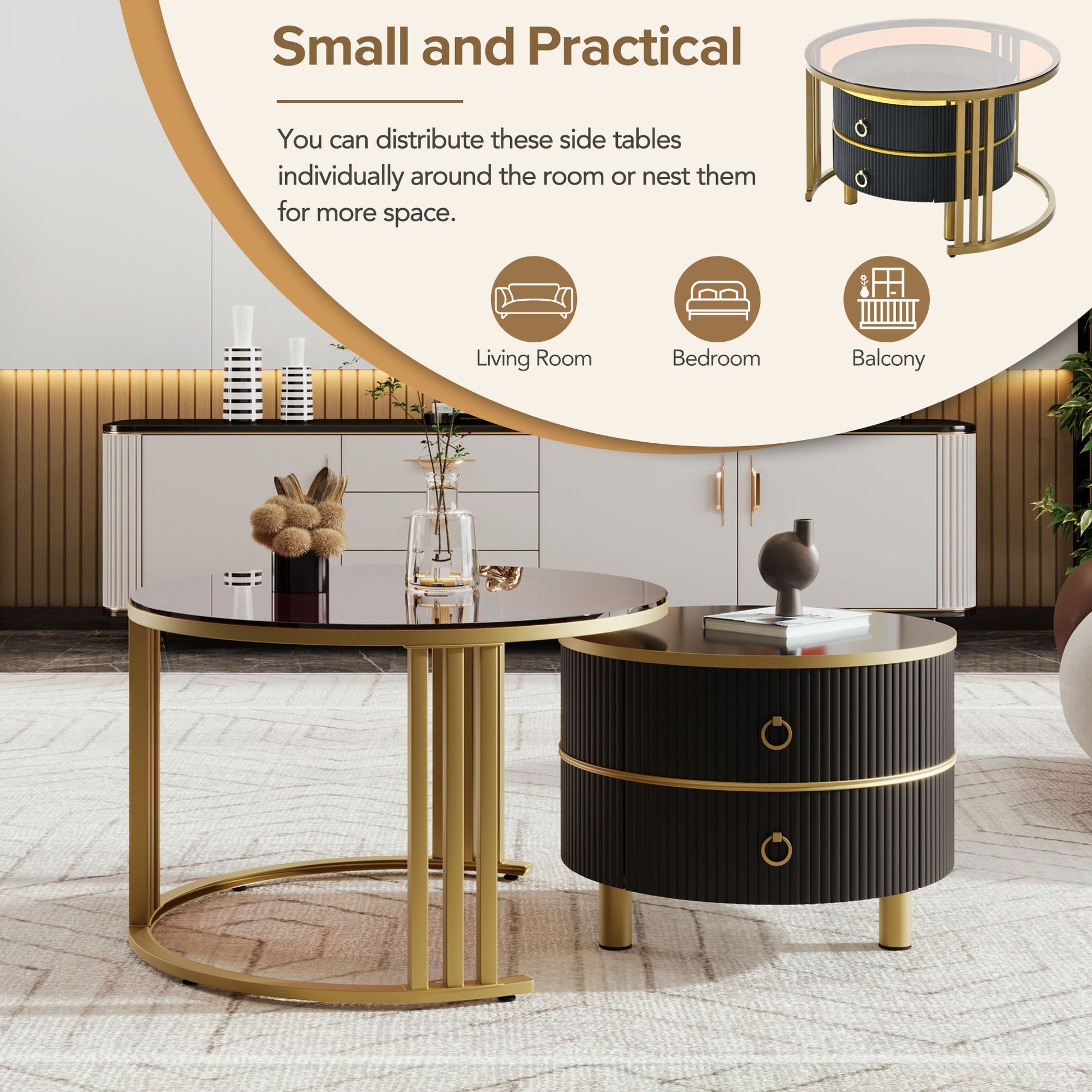 27.5'' & 19.6'' Stackable Coffee Table With 2 Drawers, Nesting Tables With Brown Tempered Glass And High Gloss Marble Tabletop, Set Of 2, Round Center Table For Living Room, Black Golden Black Primary Living Space Drawers Round Mdf Iron