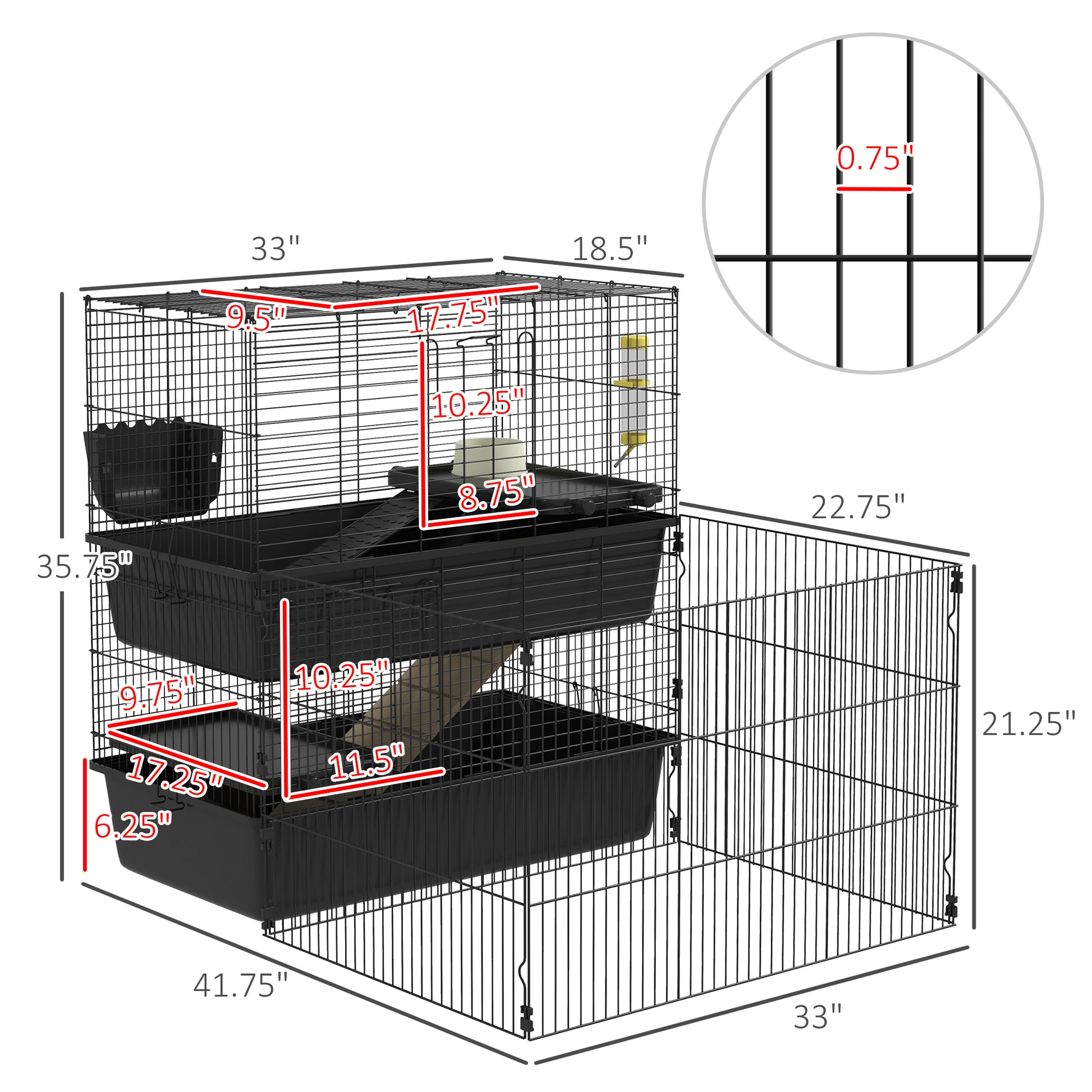 Pawhut Small Animal Cage With Playpen, Multi Level Pet Habitat Indoor For Guinea Pigs Hedgehogs Bunnies With Accessories, Water Bottle, Food Dish, Feeding Trough, 42" X 33" X 36" Black Steel