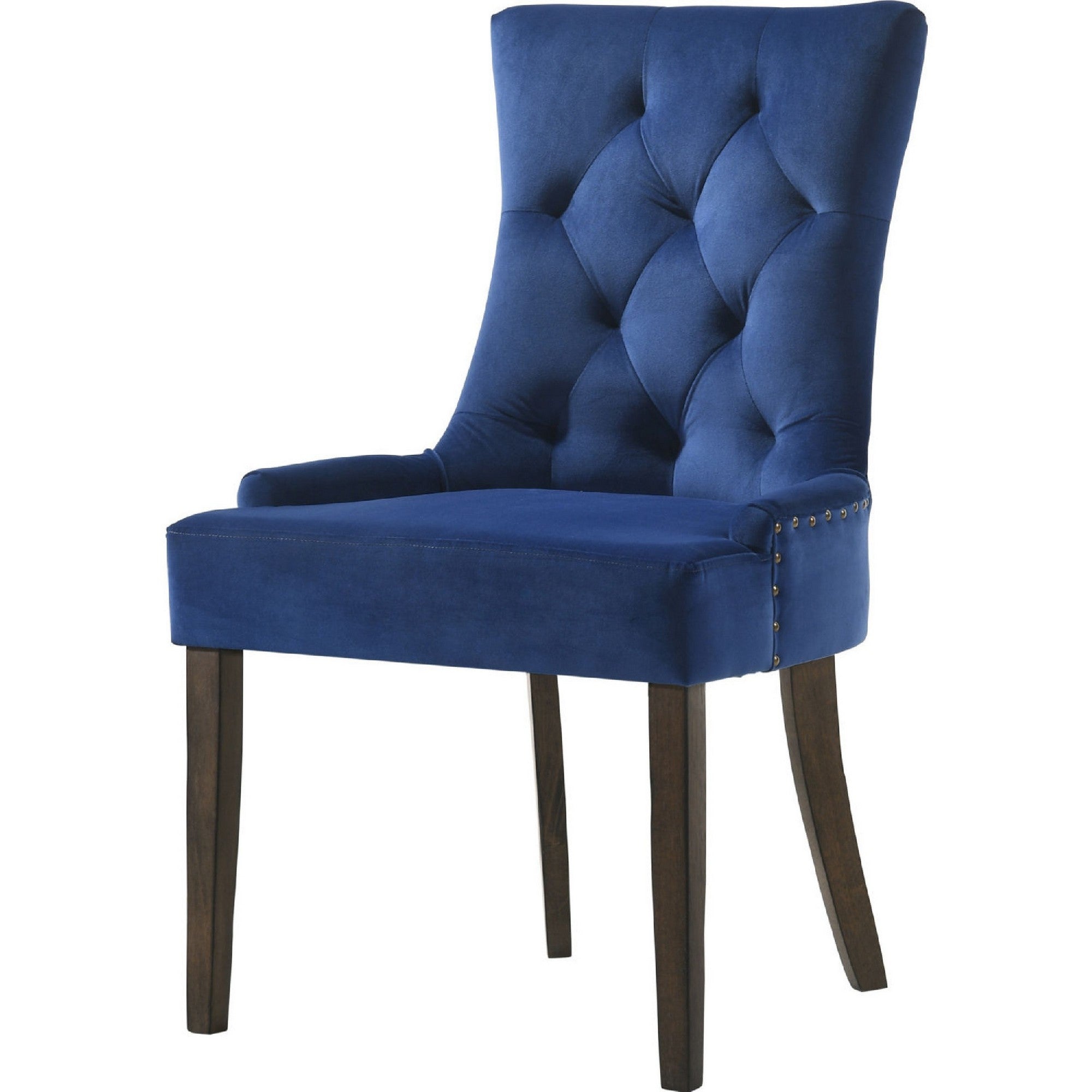 Esme 24 Inch Solid Wood Dining Chair, Velvet, Tufted, Set Of 2, Dark Blue Blue Brown Wood Fabric